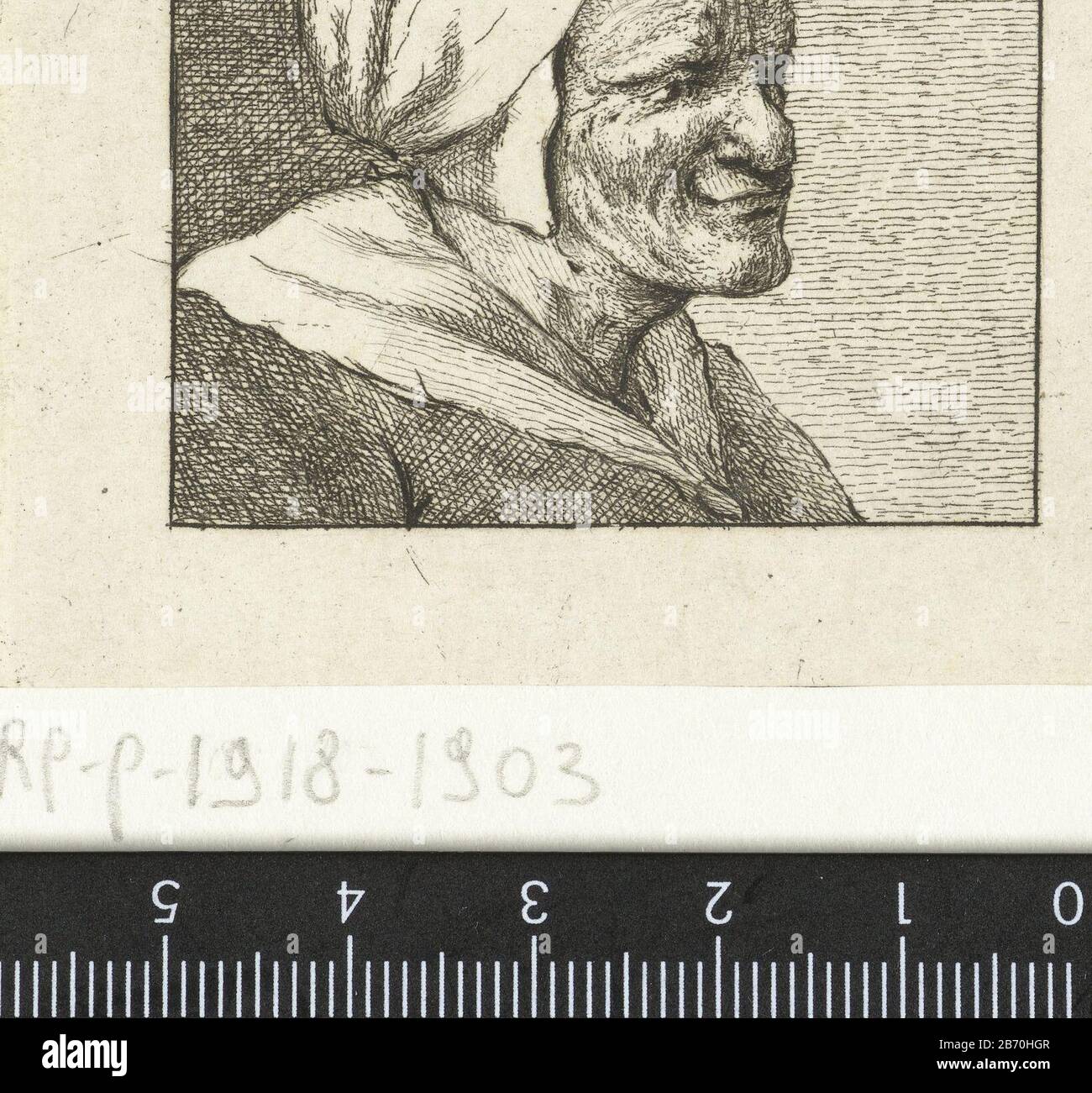 KOP van een oude vrouw Die Büste einer alten Bauernfrau. Büste rechts. Sie trägt eine weiße Kapje. Hersteller : Druckmaschine: Pieter de Stute In Zeichnung: Christina Chalon (auf Objekt angegeben) Ort Herstellung: Leiden Datum: 797 - 179 Physikalische Eigenschaften: Radierung; Proofing Material: Papiertechnik: Ätzmaße: Blatt b 55 mm × H 66 mmToelichtingProefduk der Buchillustration für John Le Francq van Berkhey. In Anspielung auf Gedigjes, die witzigen Drucke, die Pieter de Stute nach den Zeichnungen von Christina Chalon geätzt hat, in der Sammlung von (...) H. A. Dibbets. Leiden: Frans de Do Pieterzoo Stockfoto