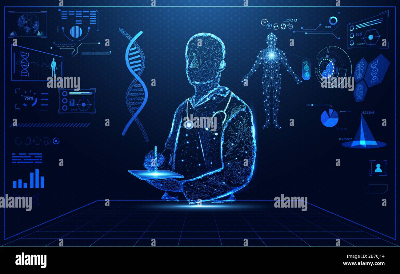 Abstrakte Technologie ui futuristisches humanes medizinisches hud-Interface Hologrammelemente digitaler Datendiagramme, DNA, Fingerabdruck, Hirn-Computing-Kreis-Vitalität Stock Vektor