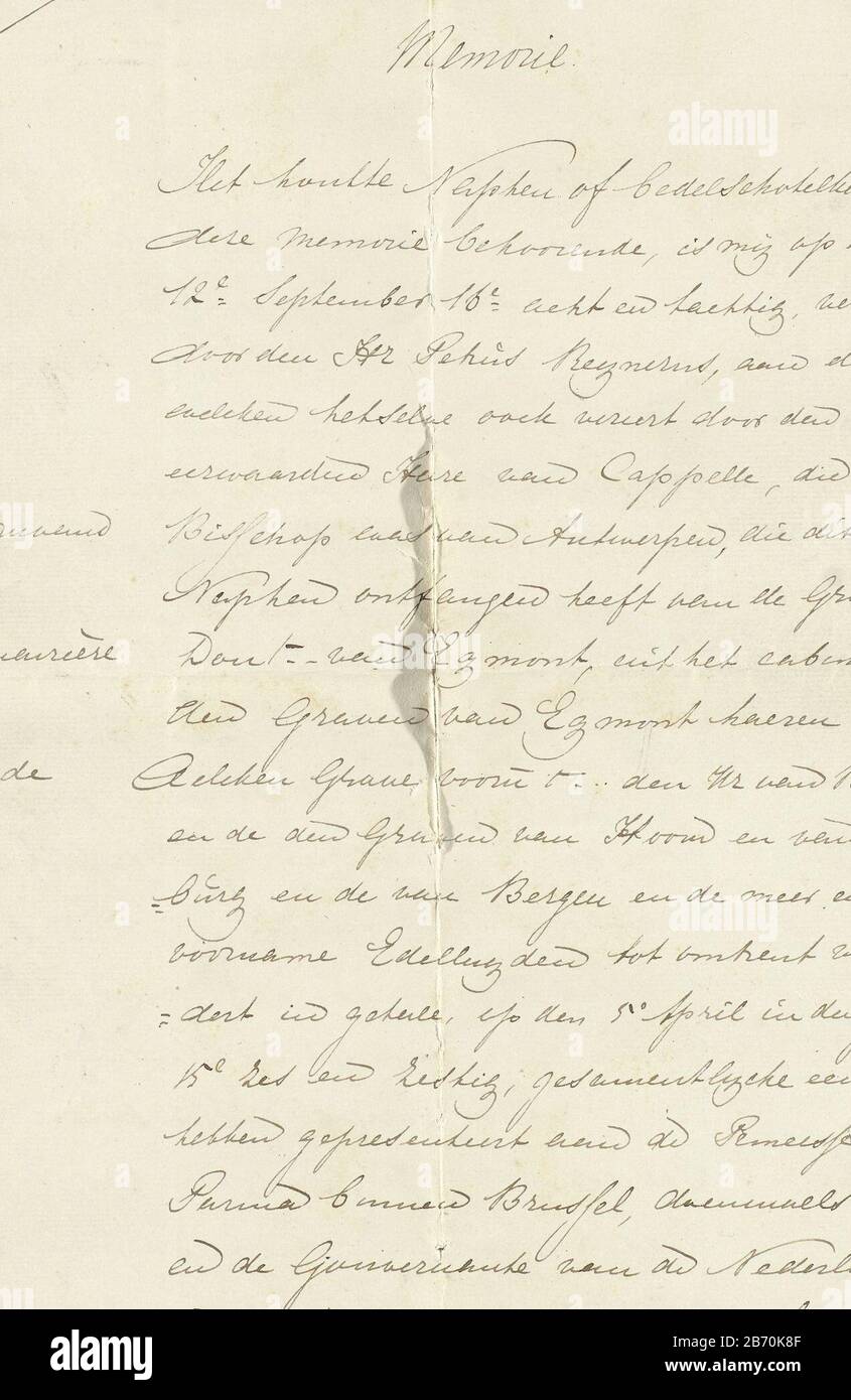 Kopie van een Dokument over de herkomst van de geuzennap Journal of the Transkript from a 1856 document of 26. September 1731 and further Information about the origin and Authenticity of the geuzennap. Doppelseitig beschriebenes Blatt. Mit Name und Datum. Hersteller : Autor: Jacob Baron Slingelandt (möglich) Ort Herstellung: Den Haag Datum: 5. August 1856 Material: Papiertinte Technologie: Briefgröße: H 31,6 cm. B × 20 cm. Betrifft: Petition des Adligen, wenn: 1566 - 1566 Stockfoto