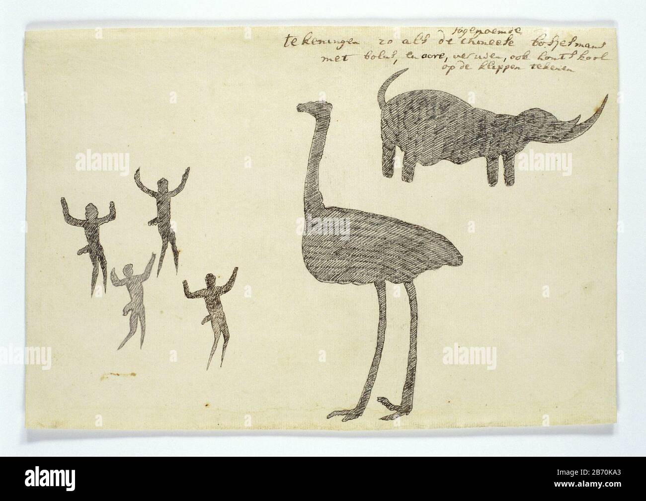 Een neushoorn en een struisvogel, met vier achteruitdeinzende figuurtjes met opgeheven Armen. Rotstekening van de San, die met kleurstoffen, houtskool en natuurlijke materialen op de rotsen schilderden. Hersteller: Zeichner: Robert Jacob Gordon dating: 16-nov-797 Physikalisches Kenmerken: Stift en Penseel in Inkt-Material: Papier inkt Techniek: Penseel / Stiftabmessungen: Albumblad: H 660 mm × b 480 mmblad: H 203 mm × b 298 mmOnderwerp Stockfoto