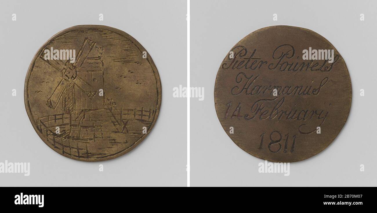 Korenmolenaarsgilde van Amsterdam, Gildepenning van Pieter Pouwels Harmanus Messing Penning. Voorzijde: Korenmolen bonnen omheining. Keerzijde: Opschrift Hersteller : anoniemPlaats Herstellung: Amsterdam dating: Material von 11:11: Messing Techniek: Graveren (inkerven) Abmessungen: D 4 cm. × g 9,13 gr Datum: 1811-02-14 - 1811-02-14 Stockfoto