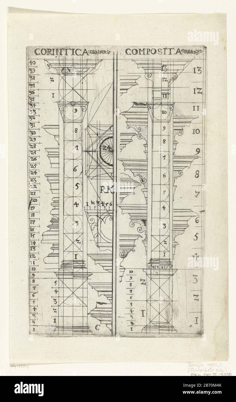 Korintische en Composietzuil Corintica Composita (titel op object) Livre d' Architecture contenant plusieurs beaux ornementz (serietitel) Zwei Säulen mit Variationen und Details. Blatt C der zweiten Auflage, bestehend aus 24 bladen. Hersteller : zur Gestaltung des Druckereiherstellers Rutger Kasemann (denkmalgeschütztes Gebäude): Anonym: Jean MessagerPlaats Herstellung: Entwurf des deutschen (möglichen) Druckereiherstellers: Deutschland (möglich) Herausgeber: Paris Datum: 1622 Material: Papiertechnik: Ätzmaße: Plattenkante: H 214 mm × W 132 mm Stockfoto