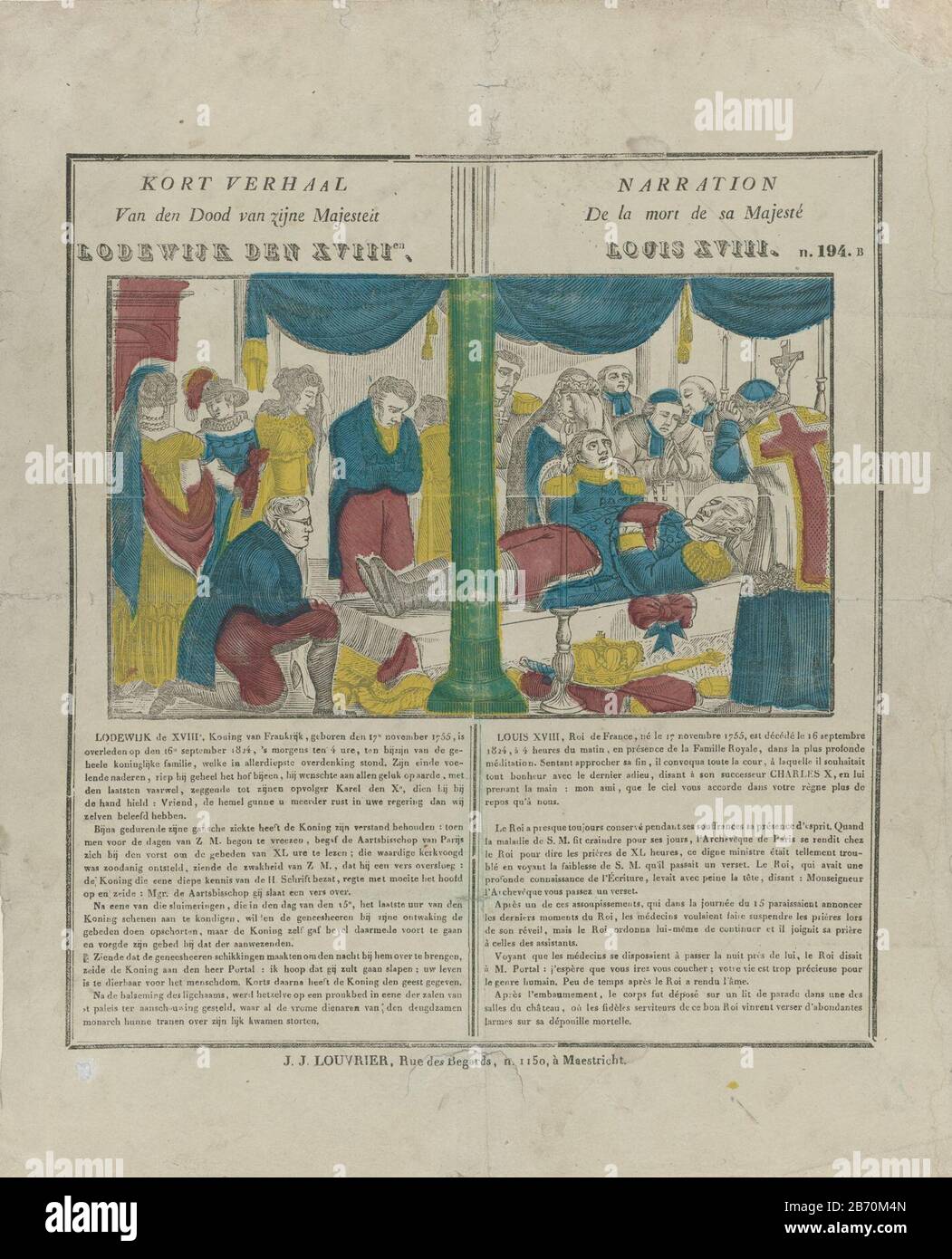 König Ludwig XVIII. Ist unter einem Baldachin angelegt. Höflinge sind für seinen Körper grimmig. Unter dem Bild eine Überschrift in niederländischer und französischer Sprache in zwei Spalten. Oben rechts nummeriert: N. 194. B. Hersteller: Verkäufer: J.J. Louvrier (denkmalgeschütztes Gebäude) Herausgeber: Philippus Jacobus Brepols (denkmalgeschütztes Gebäude) Druckereihersteller: Anonymer Ort Herstellung: Verkäufer: Maastrichter Verleger: Turnhout dating: 1800 - 181 Physische Merkmale: In Gelb, Blau und Rot gefärbter Holzschnitt; Textdruckmaterial: Papiertechnik: Holzschnitt / Farben / Druckformate: Blatt: H 413 mm × W 339 mmToelichtingUitgid von Nr. 194 aus der Fondsliste P.J. Stockfoto