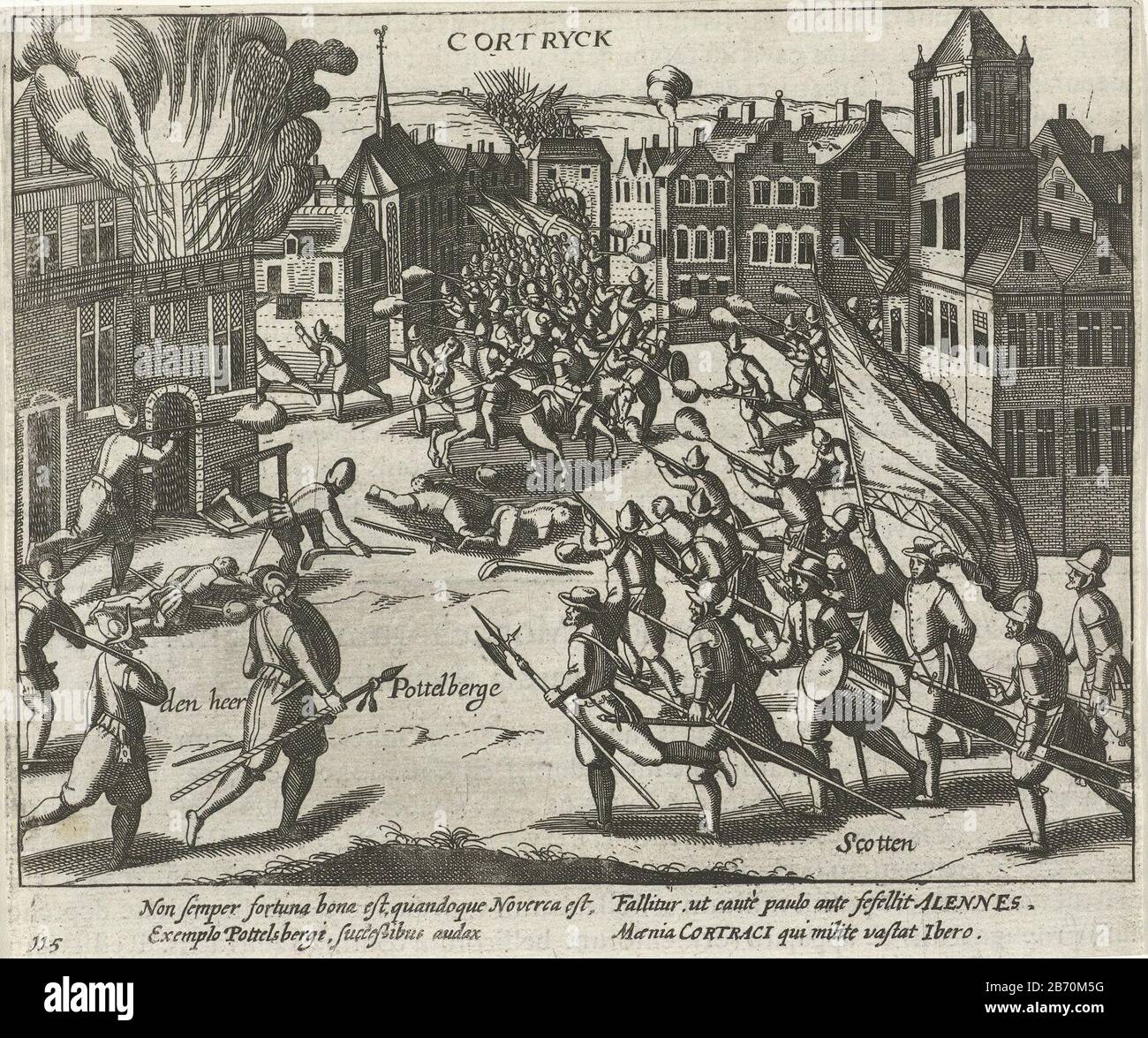 Kortrijk ingenomen door de Malconten, 1580 Kortrijk belegt durch den Missstand, 1580 Objekttyp : Print History Picture Item Number: RP-P-ob-79.827Catalogusreferentie: FMH 817Atlas van Stolk 727Atlas van Stolk 267-115New Hollstein Dutch B162-copy Beschreibung: Kortrijk besetzte die Missstände am 27. Februar 1580. Auf dem Markt, der gegen die Missstände der Garnisonsotten kämpfte, verließ Pottelsbergh, der Gerichtsvollzieher von Kortrijk, den Vordergrund. Mit Unterschrift von vier Zeilen in lateinischer Sprache. Nummer 115. Auf der Rückseite mit Text in Latijn abgedruckt. Hersteller: Druckmaschine: Anonym von französischem Hochschuppen-Mann drucken Stockfoto