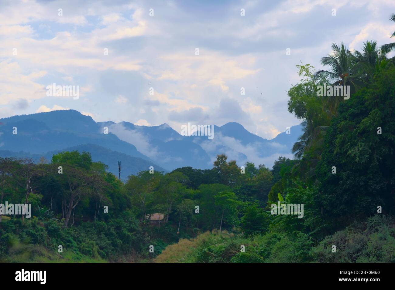 Neblige Berge über dem Dschungel in Luang Prabang, Laos. Stockfoto