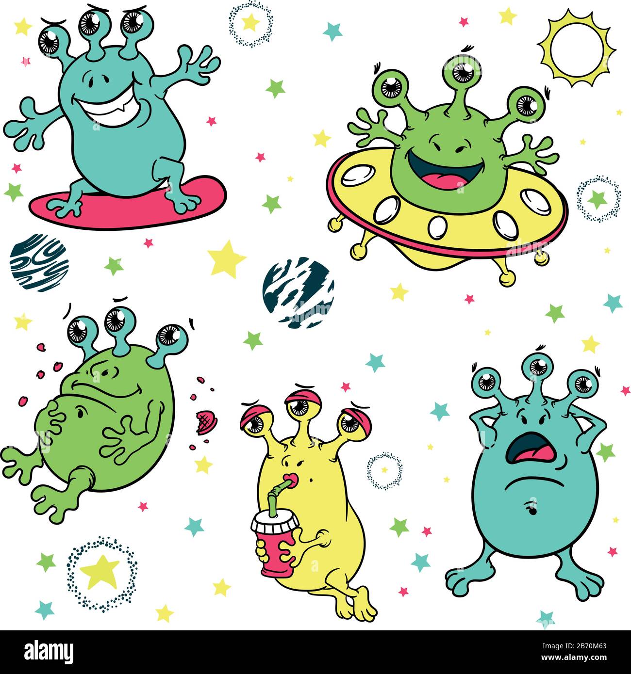 Farbe Nahtloses Muster mit Raum, Sternen und Außerirdischen. Stock Vektor