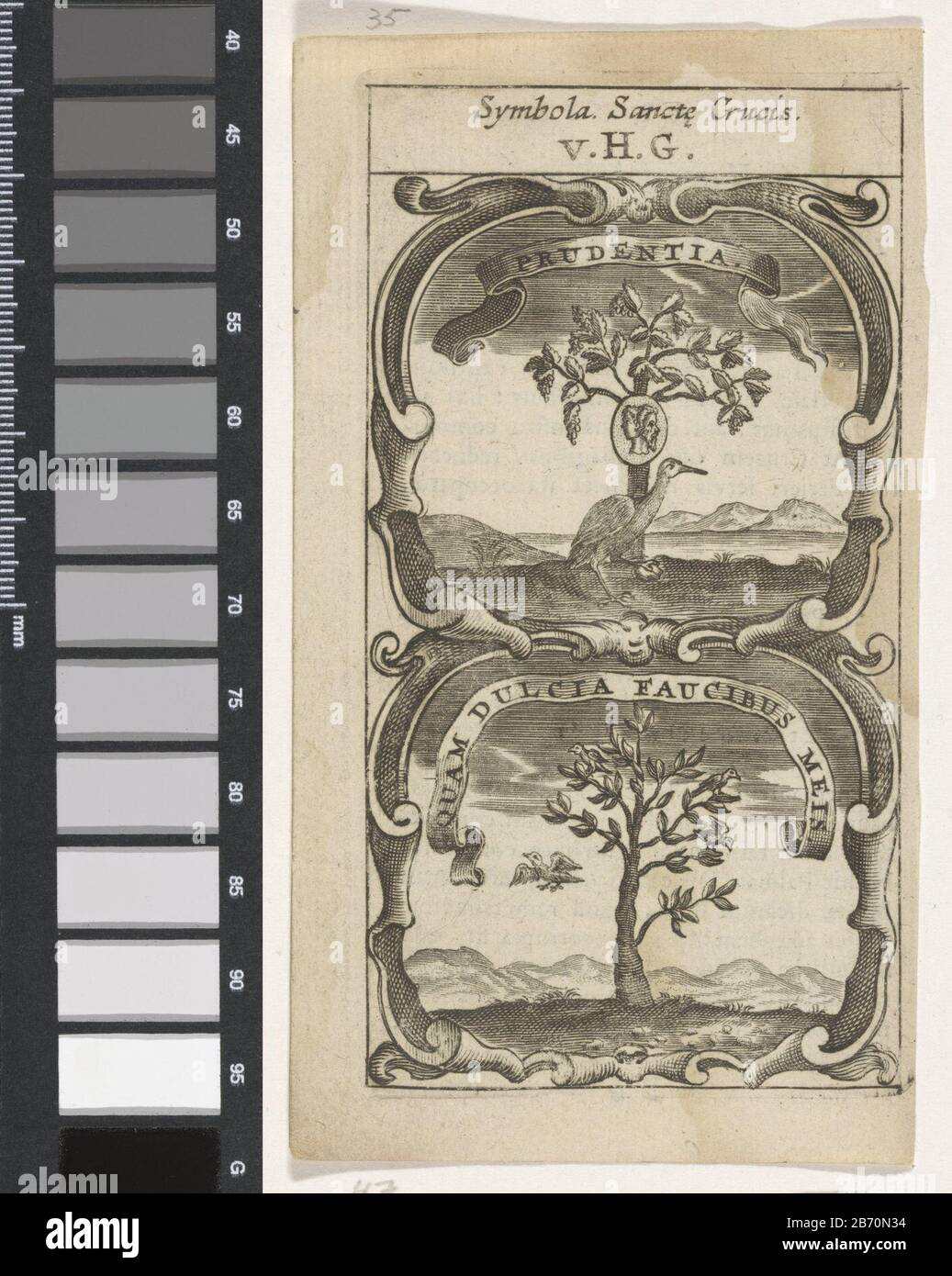 Kraanvogel bij een wijnstok Boom met vogels Prudentia Quam Dulcia Faustibus Meis (titel op object) Symbola Divina et Humana Pontificum Imperatorum Regum (serietitel) Een embleem met twee voorstellingen. Boven een kraanvogel met een steen in zijn poot voor een wijnstok. Daarbij een medaillon met Januskop. Onder een boom evolkt door vogels. Hersteller: Rentner: Anoniemnaar prent van: Aegidius Sadeler dating: 1666 Physical kenmerken: Gravure; verso met tekst in boekdrauk Material: Papier Techniek: Graveren (Drukproceé) / boekdrauk Abmessungen: Plaatrand: H 120 mm × b 67 mmToelichtingina ui Stockfoto