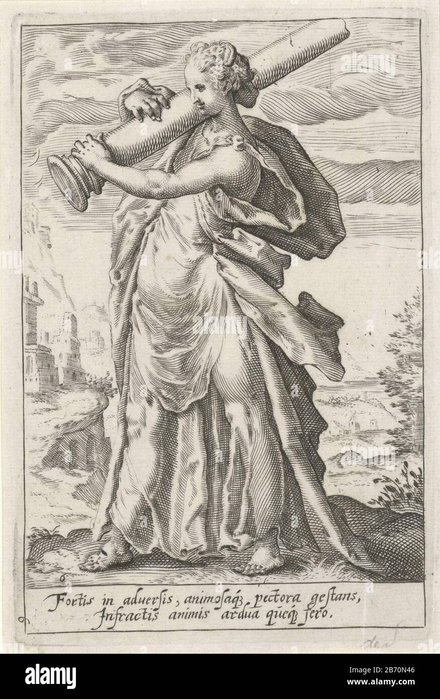 Kracht (Fortitudo) Die Macht personifiziert;? Eine weibliche Figur mit einer Säule auf der rechten Schulter. Im Hintergrund eine Heuvellandschap. Hersteller: Zu drucken von Jacob Matham (zugeschrieben) Druckerhersteller: Anonym zu gestalten: Hendrick Goltzius Herausgeber: Claes Jansz. Visscher (II) Ort Herstellung: Amsterdam Datum: 1601 - 1652 Physikalische Eigenschaften: Engra-Material: Papiertechnik: Engra (Druckverfahren) Maße: Plattenkante: H 142 mm × b 94 mmToelichtingKopie des sechsten Bildes aus der Serie Die Deugden. Betrifft: Stärke, "Fortitudo"~ eine Der Vier Kardinal-Tugenden Stockfoto