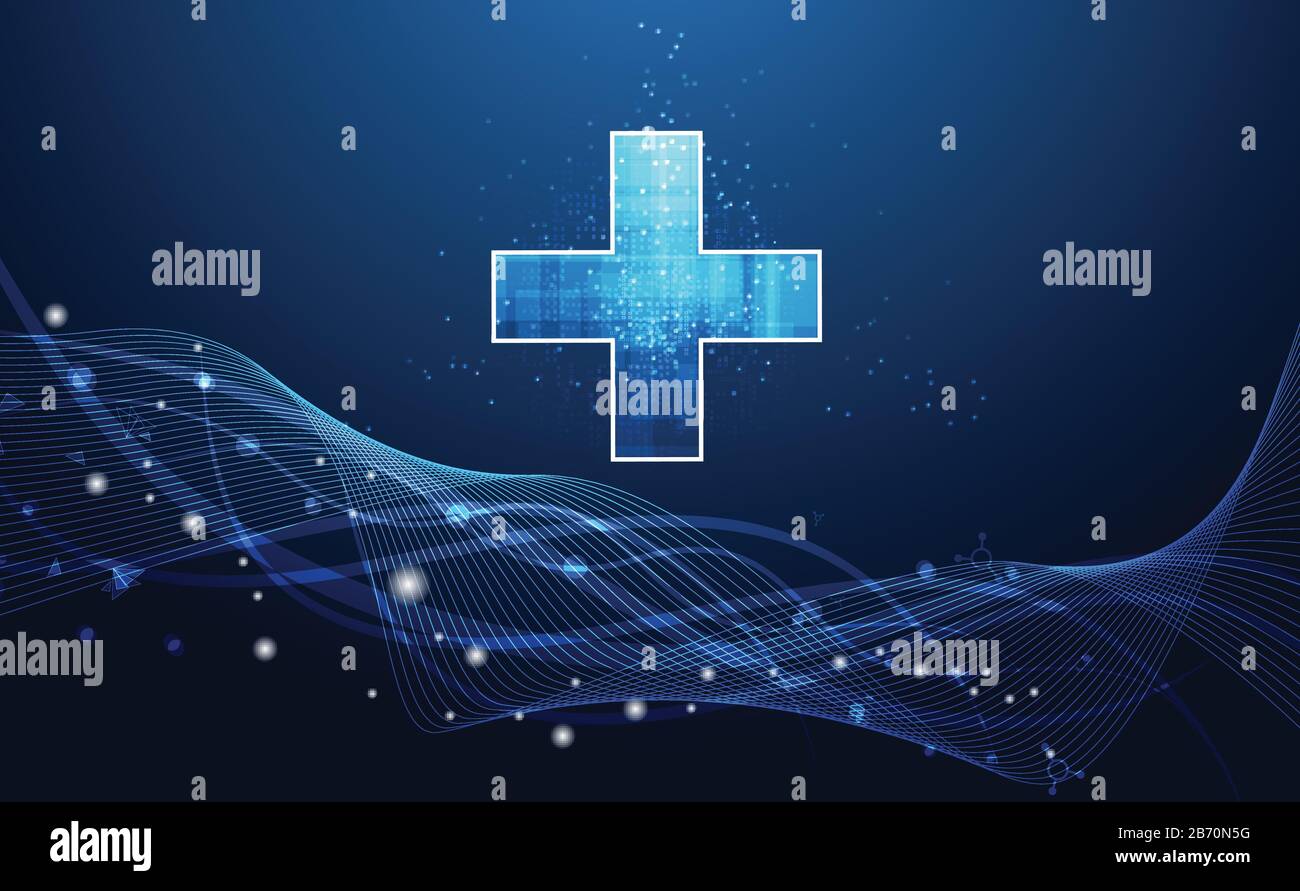 Abstrakte Gesundheitswissenschaft besteht aus Gesundheit plus digitalem Technologiekonzept moderne Medizintechnik, Behandlung, Medizin auf zukunftsblauem High-Tech-Hintergrund Stock Vektor