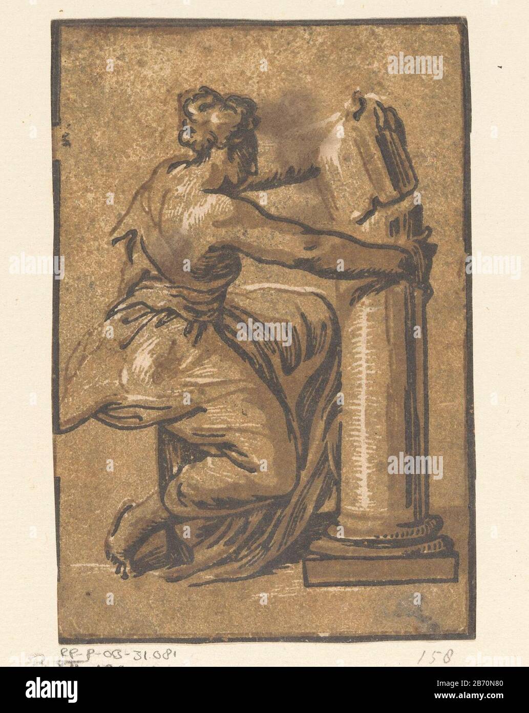 Kracht EINE weibliche Personifikation der Stärke (Fortitudo), sitzend an einem gebrochenen Zuil. Hersteller: Druckmaschine: Ugo da Carci (möglich) zu entwerfen: Parmigianinoplats Herstellung: Italien Datum: 1502 - 1532 Physische Merkmale: Chiaroscuro Holzschnitt in schwarz und braun; gedruckt ein Holzschnitt und zwei Holztonblöcke Material: Papiertechnik: Chiaroscuro-Holzschnitt Abmessungen: Blatt: H 146 mm × W 98 mm Betreff: Stärke, "Fortitudo"  eine der Vier Kardinal-Tugend Stockfoto