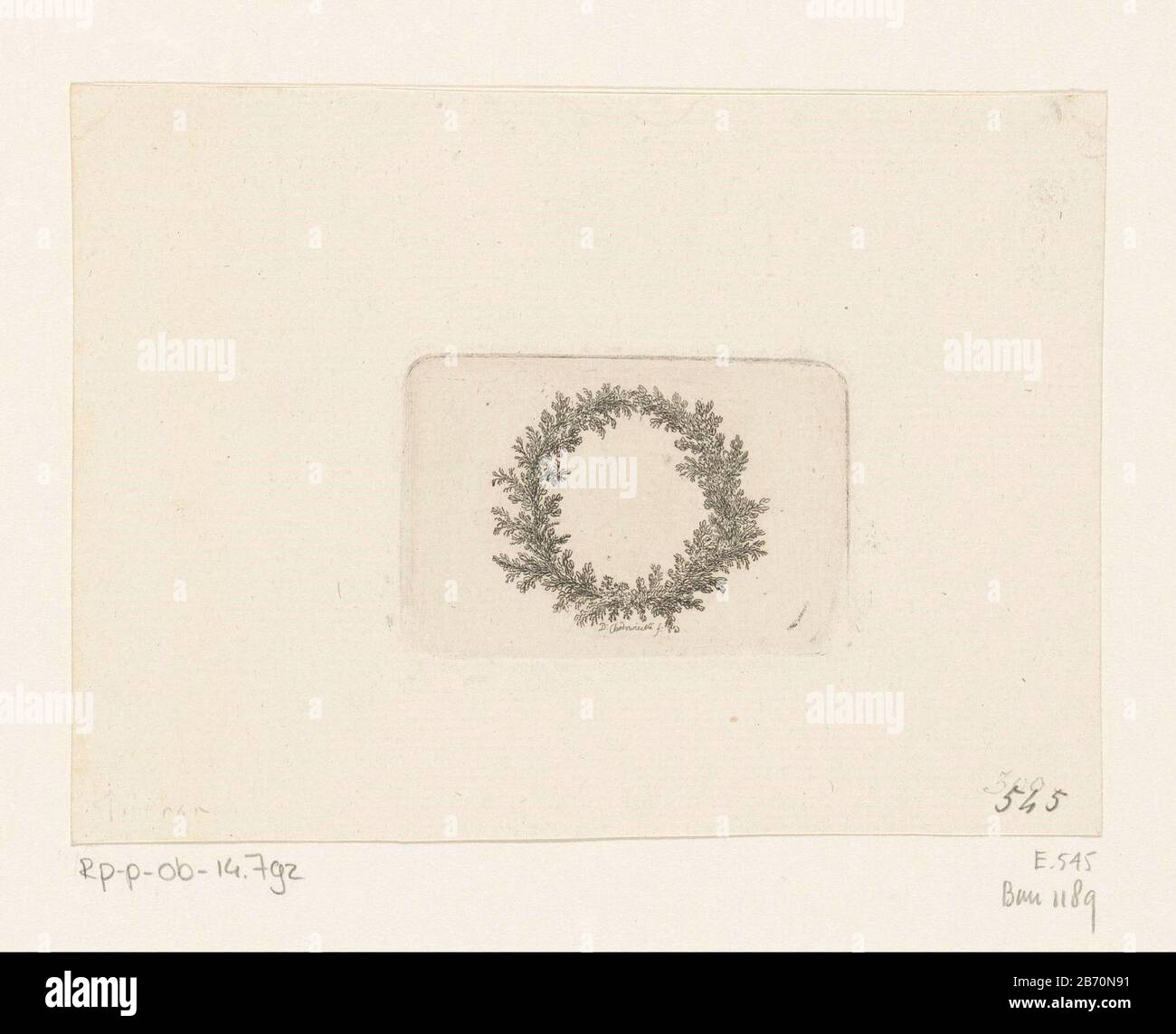 Krans van laurier en mirte Kranz von Lorbeer und Myrte Objekttyp: Bild Artikelnummer: RP-P-ob-14.792Katalogusreferentie Bauer 1189 Engelmann 545 Aufschriften / Marken: Sammlermarke, Verso, gestempelt: Lugt 2228 Hersteller: Druckerhersteller Daniel Nikolaus Chodowie: CKI (Listed Object) Ort Herstellung: Berlin Kante: Datum: 17810 Material Abmessungen: 178 H 39 mm × 58 b mmToelichtingPrent verwendet für: Kars Chin, Anna Luise. Der Nachruhm am Begräbnisstage seligen meiner Freundin ihrem Chodowiecky. Berlin: G. J. Decker, 17812. Anlässlich des Todes des wif veröffentlicht Stockfoto