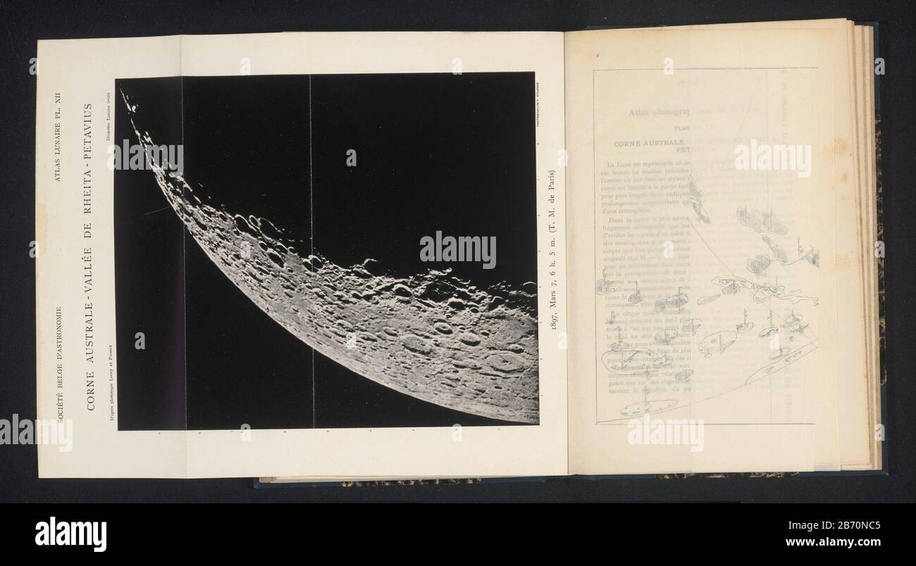 Krater auf dem Mond Corne Australe - Vallée the Rheita - Petavius ​​(title object) Objekttyp: Fotomechanischer Druck Seite Objektnummer: RP-F-2001-7-1347D-18 Aufschriften / Marken: Beschriftung, Nachzeichnung, gedruckt: 'Société Belge d'Astronomy Lunar Atlas Pl. 12 / 1897, 7. März, 6 Uhr. 5 m. (TM de Paris), 'Manufacture Vervaardiger: Hersteller: Loewy et Puiseux (auf Objekt angegeben) Hersteller: F. Wylands (auf Objekt angegeben) Datum: CA. 23-Apr-1896 - in oder vor 1899 Material: Papiertechnik: Autotypie-Abmessungen: Bild: H 231 mm × W 193 mmToelichtingPrent Vorderseite 293. Betreff: Oberfläche Stockfoto