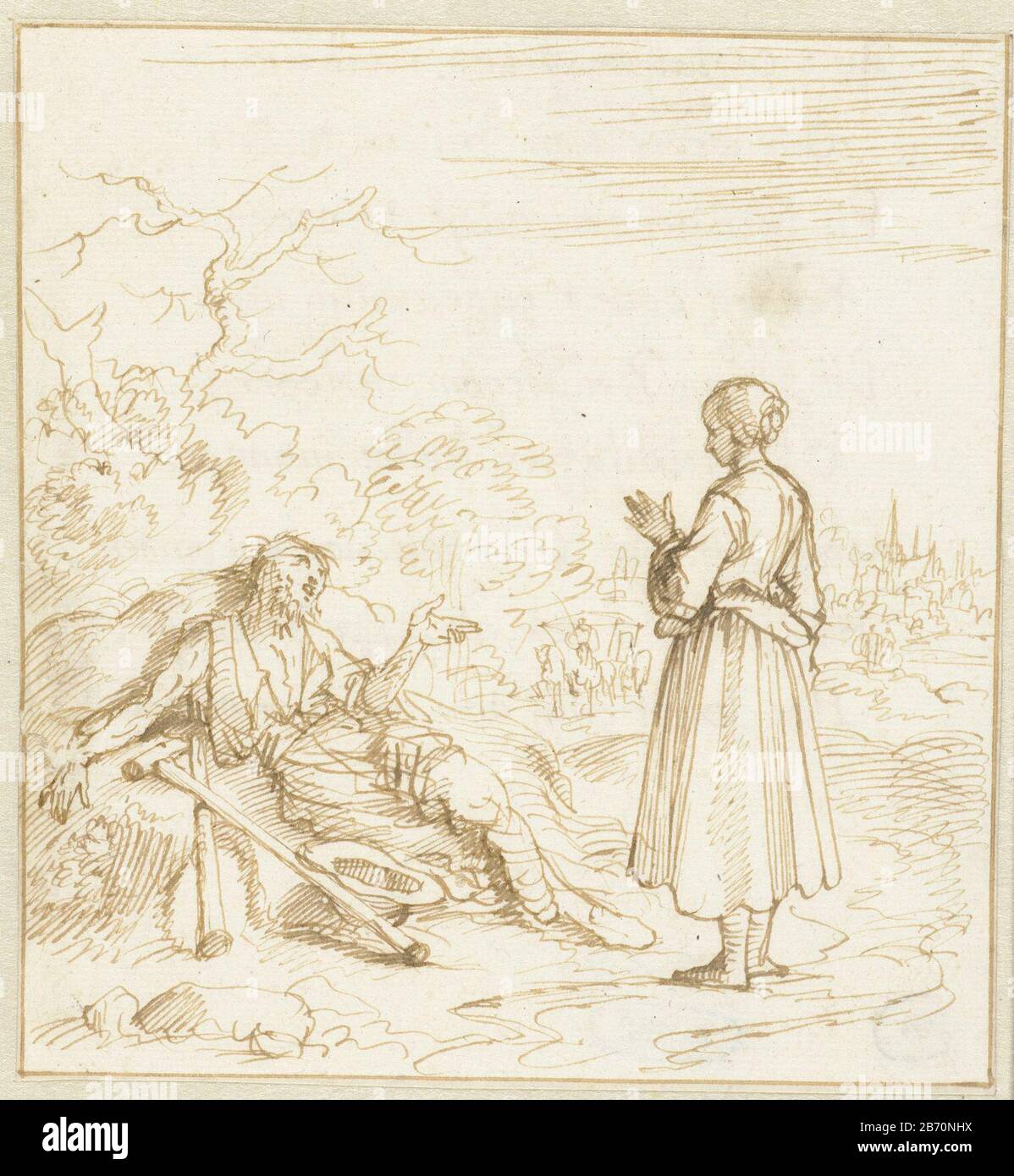 Kreupele bedelaar Möglicher Draft-Prent. Hersteller: Künstler: Jan Luyken Datum: 1660 - 1712 Physikalische Merkmale: Stift in braunem Material: Papiertinte Technik: Stiftabmessungen: H 136 mm × W 125 mm Betreff: Stehende Figur - AA - weibliche menschliche Figur Bettler Stockfoto