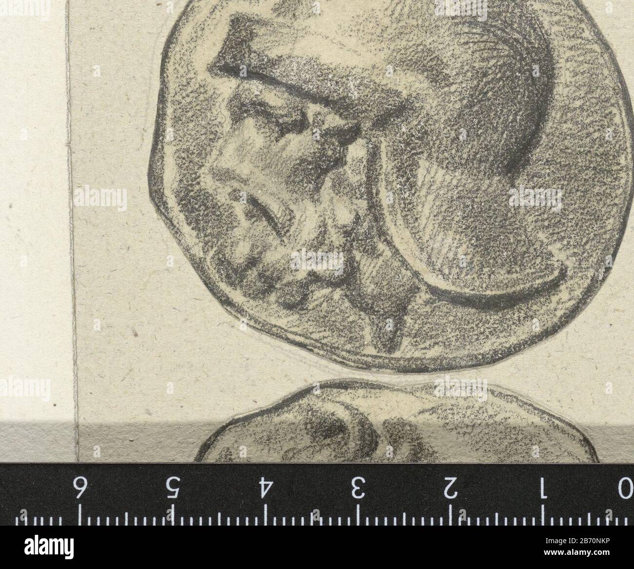 Krijger traf Steuerbild der Vorderseite der (syrischen?) Münze: Ein Krieger mit Helm. Hersteller : Künstler Eugène Delacroix (zugeschrieben) Dating : 18250Physikalische Merkmale: Bleistift-Material: Bleistift-Abmessungen: D 52 mm (unregelmäßiger Schnitt) Anmerkungen Anhänger nach Bild der Rückseite der (syrischen?) Münze: Kopf eines Pferdes (inv. Nr. RP-T-1959-138..) . Stockfoto