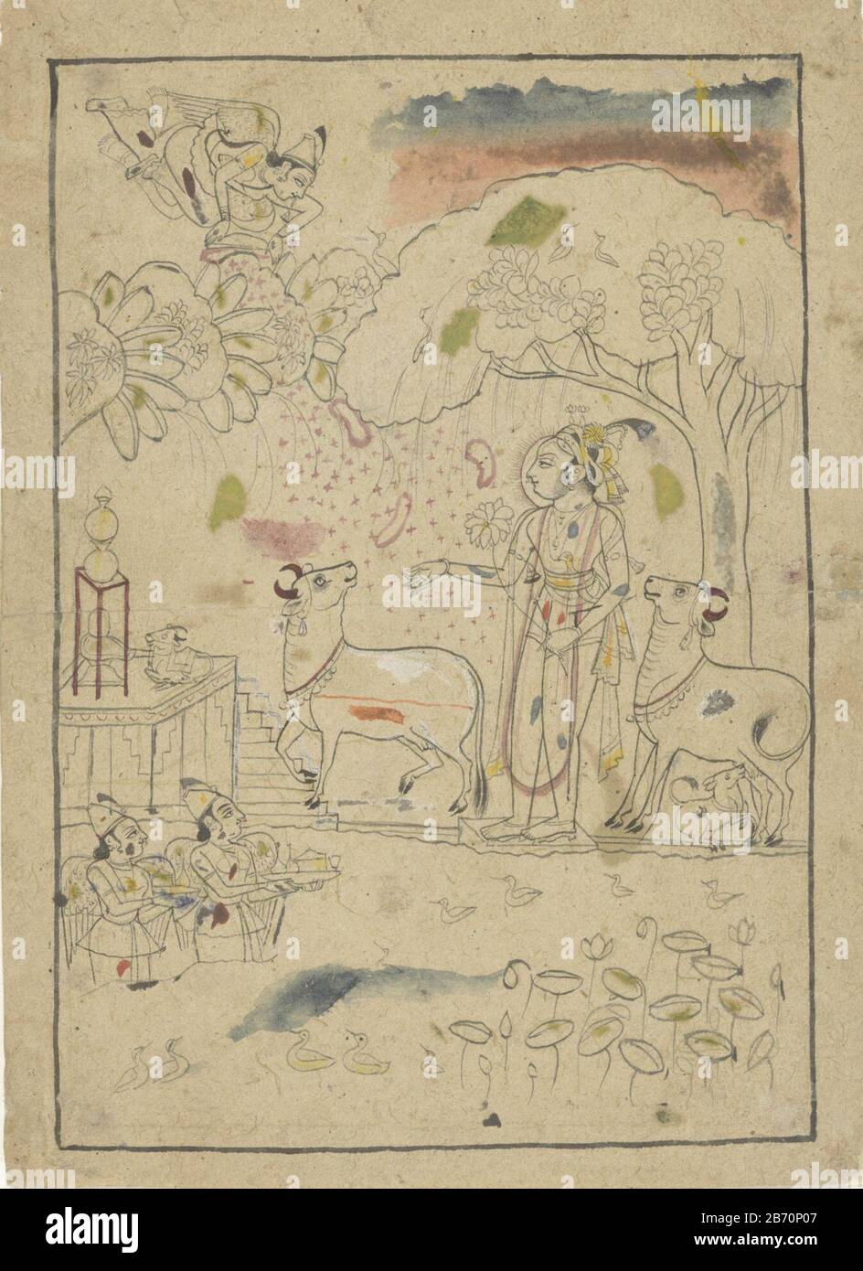 Krishna traf Koeien van Linga-altaar Krishna kommt mit zwei Kühen zu einem Linga-Schrein, wo: Auf einer Kalbe aufgestellt; im Vordergrund zwei kniende Diener mit Schuppen hinter einem Teich mit lotusblumen und Enten stehen; im Hintergrund schwebt eine geflügelte Gottheit über großen Blumen und einem Boom. Hersteller: Künstler: Anonymer Ort Herstellung: Bundi dating: Ca. 880 Physische Merkmale: Bürste und einige schwarze Farben; hier und da farbige Flecken Material: Papiertechnik: Bürstengröße: Blatt: H 225 mm × W 163 mm Stockfoto