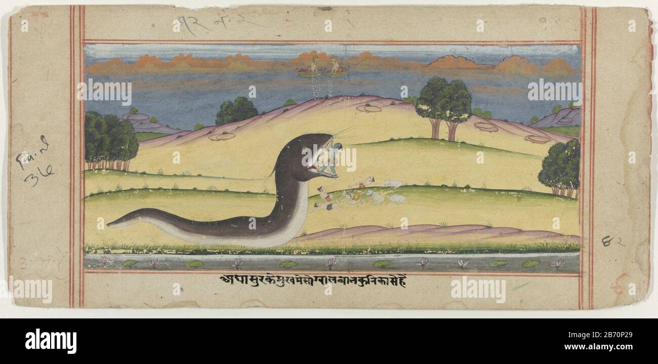 Krishna Doodt Slang Daemon Aghasura Krishna Totet Schlangendamon Aghasura Objekttyp Indische Miniaturzeichnung Artikelnummer Rp T 1993 255 Aufschriften Marken Umschrift In Der Mitte Unter Dem Auffuhrungstext In Indischer Schrift Beschreibung In