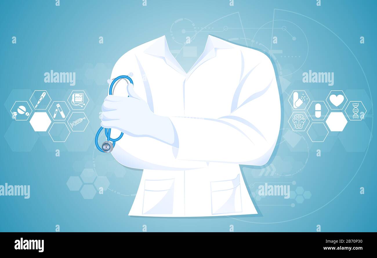 Der abstrakte Arzt befindet sich in den Uniformen der Laborkleidung mit Stethoskopkonzept Gesundheit und Medizin auf blauem Hintergrund. Stock Vektor