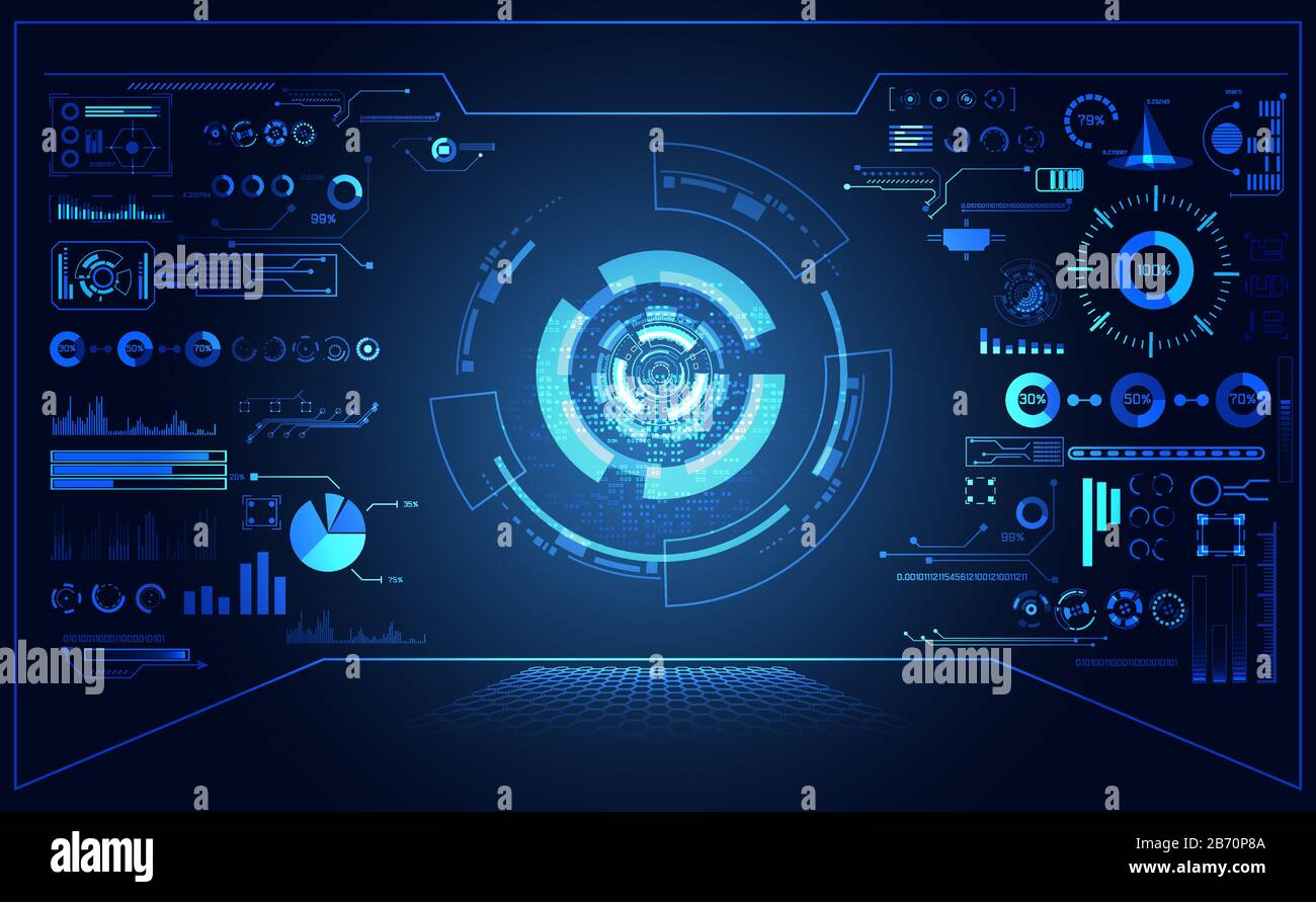 Abstrakte futuristische hud-Schnittstelle Hologrammelemente von Digital auf blauem Hintergrund. Stock Vektor