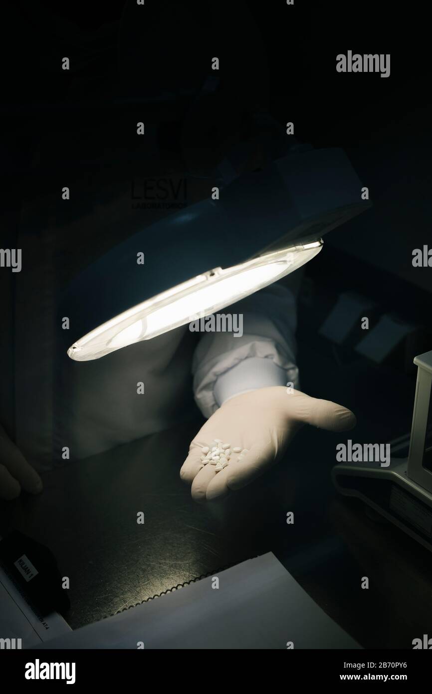 Hände eines Wissenschaftlers, der einige weiße Pillen untersucht Stockfoto