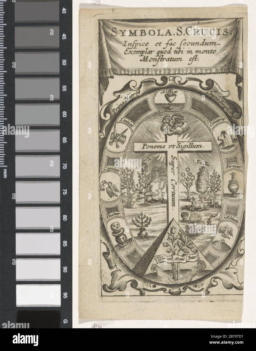 Kruis traf auf bovenop een pelikaan Symbola Divina et Humana Pontificum Imperatorum Regum (serietitel) Een kruis staat in een landschap met bomen en dieren. Daarbij een menora en altaar. Bovenop het kruis voedt een pelikaan zijn jongen. Gevat in een ornamententrand met Cartuches. Daarin een miskelk met hostie, een hem, de Heilige Geest in de vorm van een duif boven een stuom, een sokkel met schedel, twee liefkozende duiven en een schaar met kam. Onder een piramide met een afbelding van lelies tossen de distels. Hersteller: Rentner: Anoniemnaar prent van: Aegidius Sadeler dating: 1666 Physisch Stockfoto