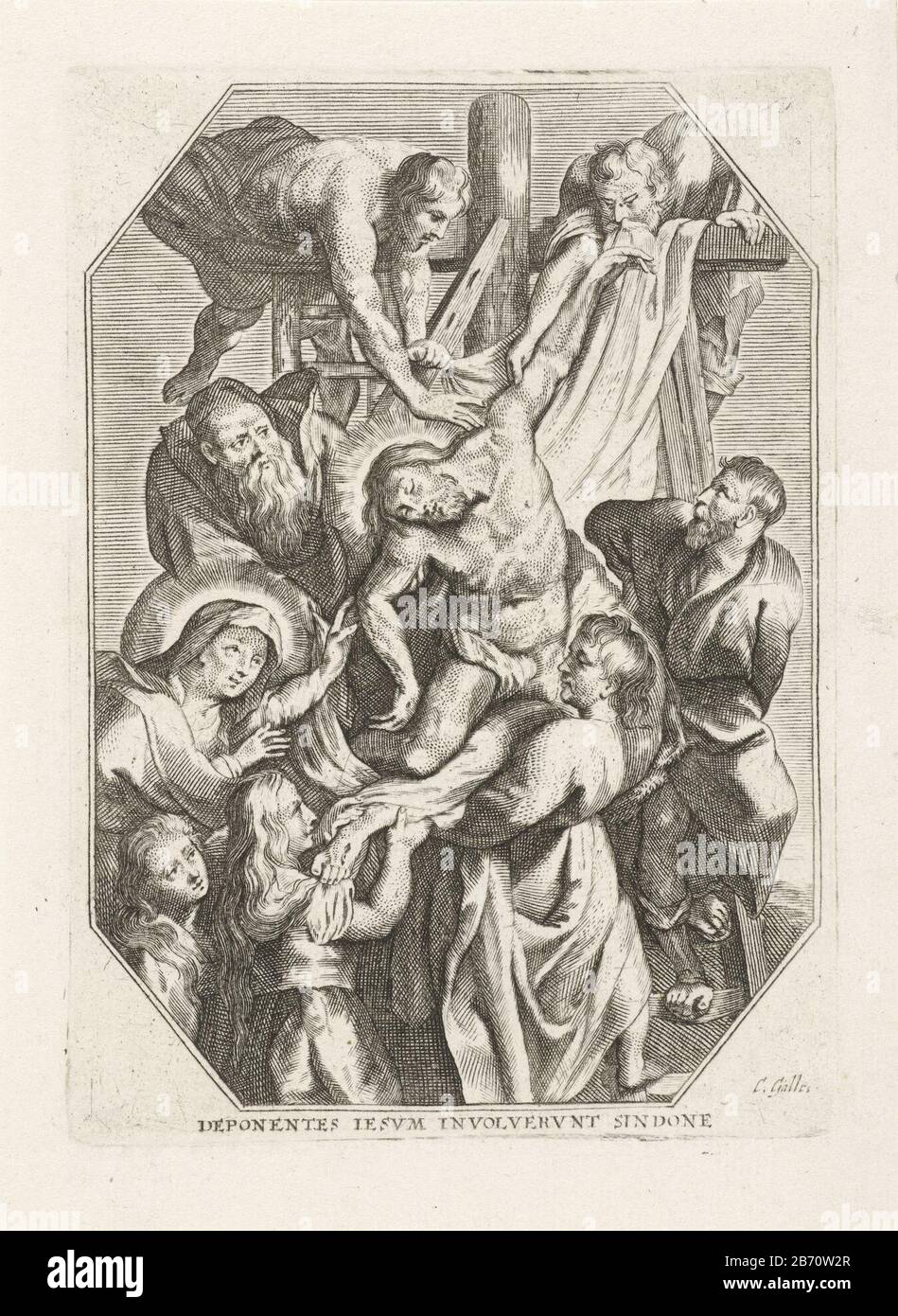Kruisafneming Deponentes Iesvm involvnt sindon (titel op object) De Passie (serietitel) Joseph und Nicodemus holen den Leib Christi vom Kreuz. Johannes, Maria und Maria Magdalena, um den Körper zu stützen. Elfter Druck eine Serie von 13, mit Szenen aus der Passion des Christus. Hersteller : Druckereihersteller Cornelis Galle (I) (denkmalgeschütztes Gebäude) Ort Herstellung: Südniederland Datum: 1586 - 1650 Physische Merkmale: Fahrzeugmaterial: Papiertechnik: Engra (Druckverfahren) Abmessungen: Plattenkante: H 130 mm × W 95 mm Betreff: Abstieg vom Kreuz: Christus wird von der Kreuzbenthema, uns, abgenommen Stockfoto Kruisafneming Deponentes Iesvm involvnt sindon (titel op object) De Passie (serietitel) Joseph und Nicodemus holen den Leib Christi vom Kreuz. Johannes, Maria und Maria Magdalena, um den Körper zu stützen. Elfter Druck eine Serie von 13, mit Szenen aus der Passion des Christus. Hersteller : Druckereihersteller Cornelis Galle (I) (denkmalgeschütztes Gebäude) Ort Herstellung: Südniederland Datum: 1586 - 1650 Physische Merkmale: Fahrzeugmaterial: Papiertechnik: Engra (Druckverfahren) Abmessungen: Plattenkante: H 130 mm × W 95 mm Betreff: Abstieg vom Kreuz: Christus wird von der Kreuzbenthema, uns, abgenommen Stockfoto