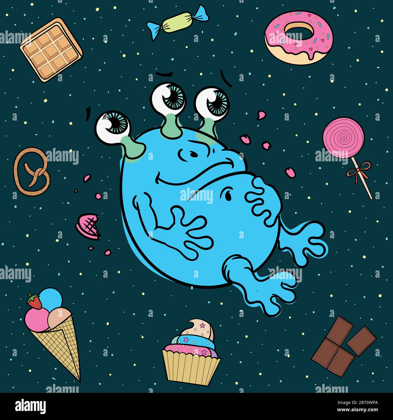 Cartoon-Illustration eines süßen, von Süßigkeiten umgebenen Gluttons. Stock Vektor