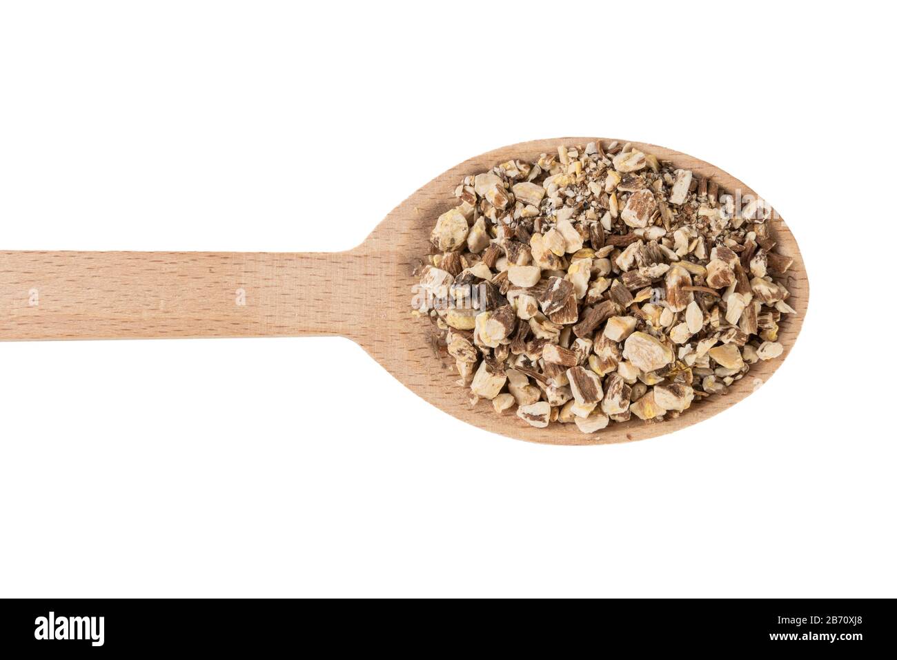 Löwenzahnwurzel oder in lateinischer Taraxaci-Radix in Holzlöffel isoliert auf weißem Grund Heilkräuter. Kräutermedizin. Alternative Medizin Stockfoto