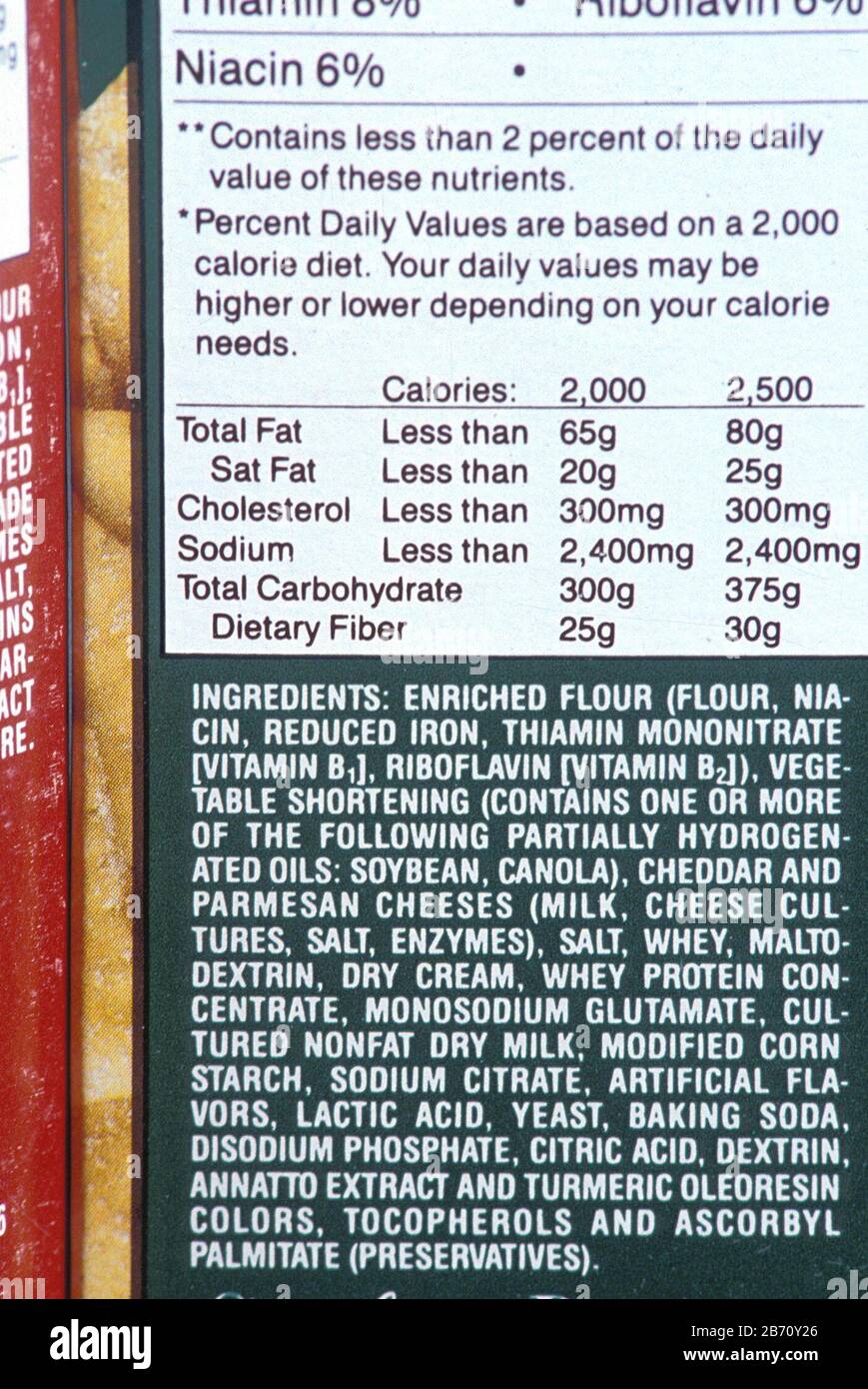 Nährwertkennzeichnung auf Snack Cracker-Verpackung. ©Bob Daemmrich Stockfoto