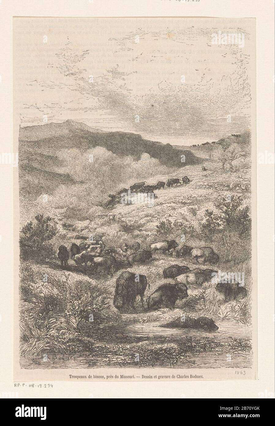 Herde of Bison in der Nähe von MissouriTroupeaux The Bison, près du Missouri (Titelobjekt) Objektart: Print Illustration Artikelnummer: RP-P-ob-13.234 Aufschriften / Marken: Sammlermarke, Verso, gestempelt: Lugt 2228 Hersteller: Druckbildner Karl Bodmer (Listed Property) Ort Herstellung: Barbizon Datum: 1863 Physische Merkmale: Zinkografie; Text auf Papier: Verso-Material: Zinkografie-Abmessungen: Blatt: H 236 mm × W 158 mmToelichtingPrent stammt von: Le Magasin pittoresque 31 (1863), S. 325. Betrifft: Hoogefütterte Tiere stimmen: Missouri Stockfoto