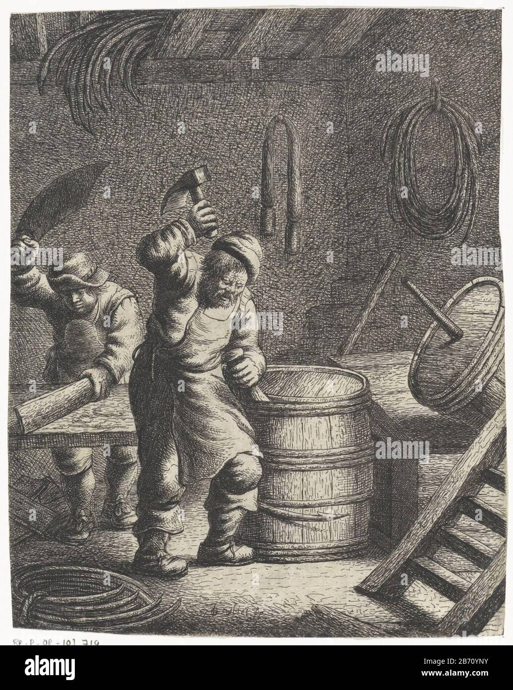 Kuiper Beroepen (Serietitel) In einer Werkstatt arbeiten zwei Männer an tonnen. Hersteller : Druckerhersteller Jan Georg van Vliet Ort Herstellung: Leiden Datum: 1635 Physikalische Merkmale: Ätzmaterial: Papiertechnik: Ätzmaße: Blatt: H 210 mm × W 162 mm Betreff: Holzcontainer: Fass, Kask, Buchetcraft- Produktion, Fachhandarbeit Stockfoto