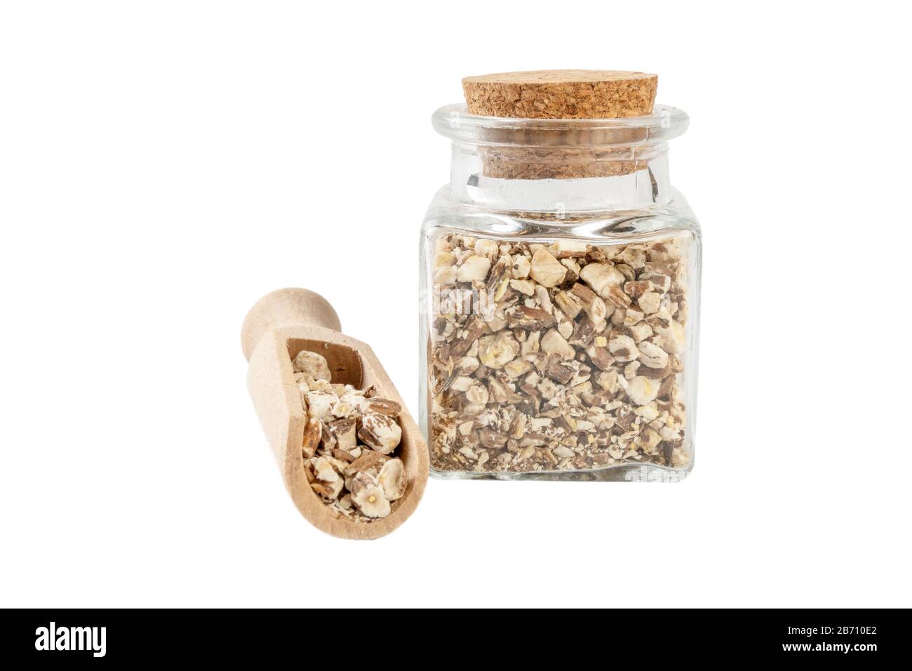 Löwenzahnwurzel oder in lateinischer Taraxaci Radix in einem Glasbecher und Holzschaufel isoliert auf weißem Grund. Heilkräuter. Kräutermedizin. Alte Stockfoto