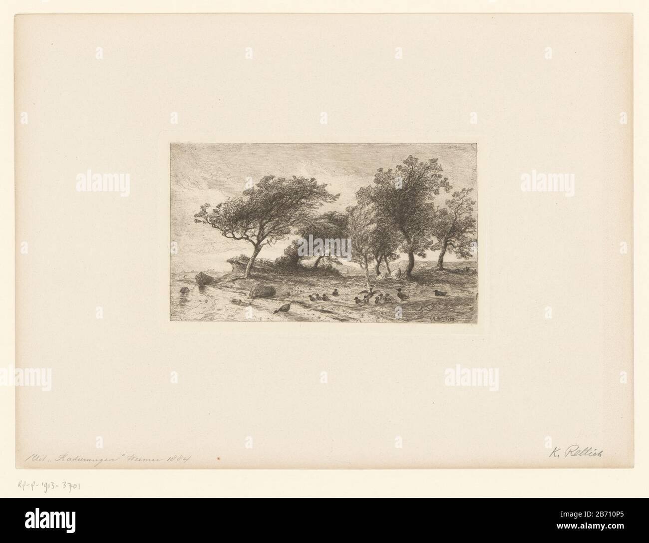 Kust met bomen en eenden Kust met bomen en eenden Objekt Typ : prent Objectnummer: RP-P-1913-3701 Inscriptions / Merken: Collector's Mark, verso, gestempelt: Lugt 2228tekst, recto linksonder, handgeschreven in potlaar: "Uit Radierrecungen Weimar'am, natrent to handle van hager: Potzaar van hager Karl Lorenz Rettich Dating: 1851 - 1904/05 Material: Papier Chine Collé Techniek: Etsen / Aquatint-Abmessungen: Zopfmuster: H 160 mm × b 260 mm Betreff: Landschaften mit Gewässern, Wasserschilden, Seekapes (in der gemäßigten Zone)Wasservögel: Ente Stockfoto