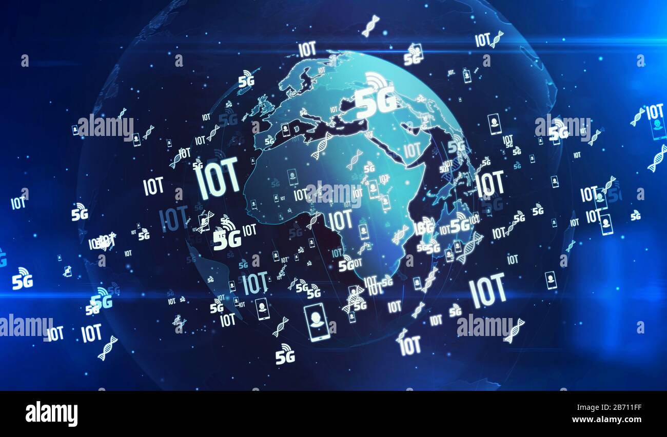 5G mobile Kommunikation, iot, Datenübertragung, digitale drahtlose Netzwerksymbole auf digitaler 3D-Abbildung des Globus. Abstrakter Konzepthintergrund. Stockfoto