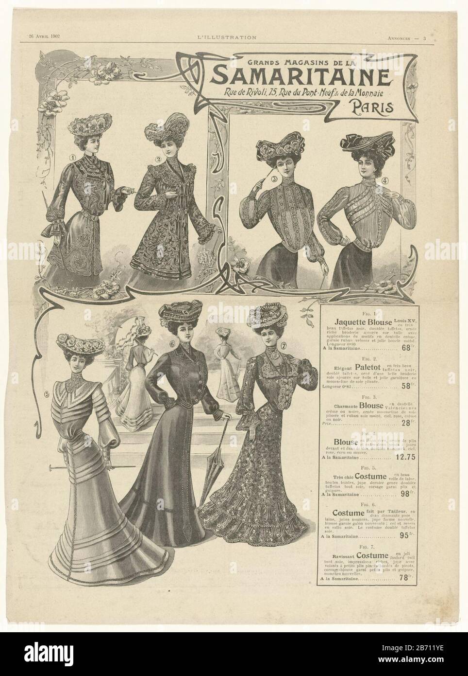L'Illustration, 26 avril 1902, annonces, p 3-4 Grands Magasins de la SAMARITAIN () Advertentie van Kaufhäuser der Samariterin. Zeven kledingstukken voor Ladies genummerd tot één setzt zeven: 1. "Jacket Coat Louis XV" van zwarte tafzijde, gevoerd puts tafzijde in versierd puts fluweel lint en een metalen gesp. 2. Paletot van zwarte tafzijde. 3. Mantel van 'Valenciennes-Spitze (kant). 4. Mantel van écrukleurig linnen. 5. Satz. 6. Satz. 7. Satz. P zurück. 4: Artikel "angewandte Kunst" in verschiedenen Werbespots. Hersteller : Hersteller: Anoniem dating: 1902 Physische Kenmerken: Houtgravure Material: P Stockfoto