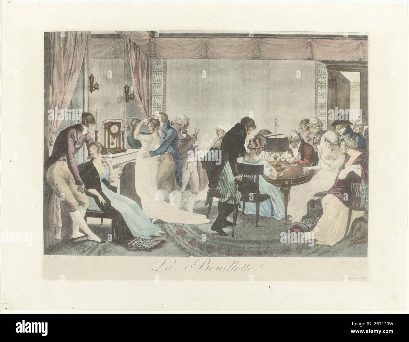 La Bouillotte (titel op object) Cinq tableaux de costs Parisiens (serietitel) Ein elegantes Partykartenspiel Bouillotte, das an einem Tisch spielt. (Das Spiel wurde unter dem Verzeichnis erfunden und hatte in diesem Zeitraum ein ultimatives Kartenspiel der Wahl, nicht so sehr in den Glücksspielhäusern sowie in den angesagten Salons. Es wurde mit fünf Spielern gespielt und bezog sich dabei auf den fünfköpfigen Vorstand Frankreichs, den das Land während eines Teils der französischen Revolution (1795-1799) regierte / Au temps des merveilleuses, Nr. 123)) Herstellerschaffer:. Zum Zeichnen: Jean François Bosioprentmaker: Anonyme Ortsherstellung: Paris Stockfoto
