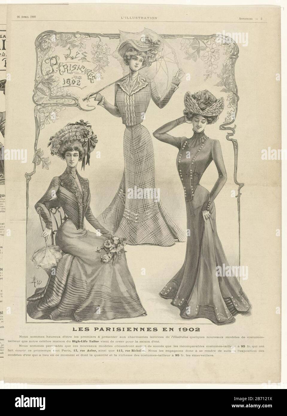 L'Illustration, 26 avril 1902, annonces, p 5 Les Parisiennes en 1902 () Drie mantelpakken voor de zomer van 'High-Life Tailor'. P zurück. 6: Diverse Werbespots. Hersteller : Pfentmacher: Anoniem-dating: 1902 Physikalische Kenmerken: Houtgravure Material: Papier Techniek: Houtgravure Abmessungen: Blad h 404 × b 300 Betreff: Modeplatesembles von Kleidungsstücken (ANZUG) (+ Damenbekleidung) Schnittblumen; Nasegay, Bund Blumensparasol, Sonnenschutz (+ Damenbekleidung) Kopfbedeckung: 1902 (+ Wanneger-Kleidung: Wanneer-Wanneer-Wanneger: 1902) (1902 Stockfoto