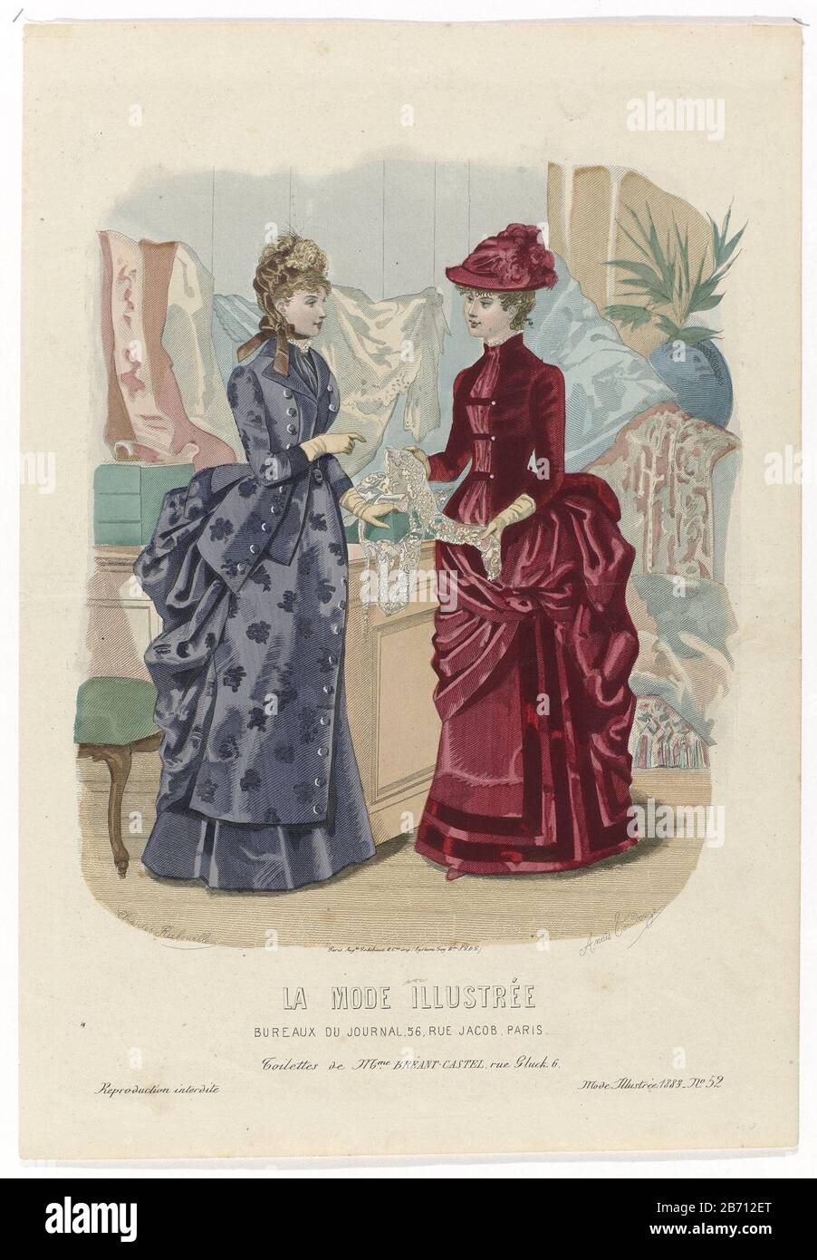 Zwei Frauen in einem Haderdashery- oder Stoffladen. Nach Angaben der Caption-Ensemble Bréant-Castel. Drucken Sie das Modemagazin La Mode Illustrée (1860-1937) aus. Hersteller : Druckerhersteller Charles RABOUILLE (denkmalgeschütztes Eigentum) zur Zeichnung: Anaïs Colin-Toudouze (denkmalgeschütztes Gebäude) Drucker: Auguste Godchaux & Cie (Listed Property) Ort Herstellung: Paris Datum: 1883 Physikalische Eigenschaften: ENGRA, handfarbenes Material: Papiertechnik: ENGRA (Druckverfahren) / Handfarbenmessungen: Blatt: H 360 mm × W 248 mm Betreff: Modetierkleid, Kleid (+ Damenbekleidung) Kopfbedeckung: Hut (+ Damenbekleidung) Stockfoto