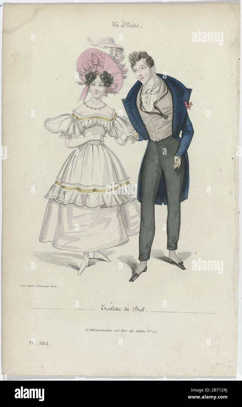 La Mode, 1830, Pl 105 Toilette de Bal, EIN Mann und eine Frau in  Balkostumen. Sie trägt ein Ballkleid mit eckigem Ausschnitt, Puffärmeln und  vollem Rock, der mit Aufschlägen verziert ist. Accessoires: