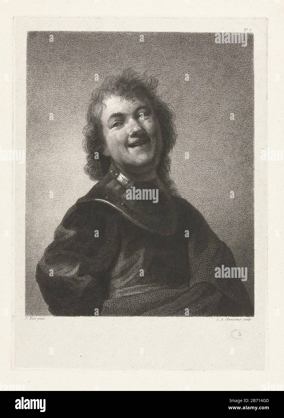 Lachende man Laughing man Objekttyp : Druckseriennummer: 6 / Artikelnummer: RP-P-1890-A-15913Katalogusreferentie: Würzbach 20Opperking: 1 (2) basierend auf der Sammlung Rijksmuseum Amsterdam Aufschriften / Marken: Sammlermarke, Verso, gestempelt : Lugt 2228merk, Rekto, Blindstempel und Handschrift: "21" (Hersteller: Hersteller: Hersteller:) Lambertus Antonio Claessens (denkmalgeschütztes Eigentum) zum Malen: Frans Hals (denkmalgeschütztes Eigentum) Ort Herstellung: Paris Datum: CA. 1829 - ca. 1834 Physikalische Merkmale: Ätzung und Engras auf kochem Collé-Material: Papierkoch-Collé-Technik: E Stockfoto