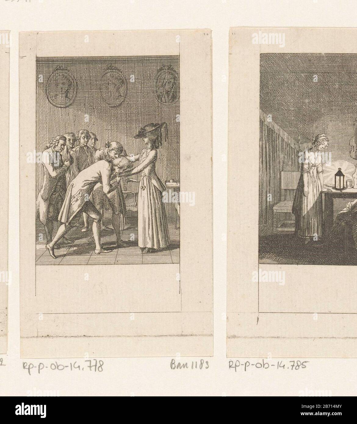 Lady Milford neemt afscheid van haar kamerheren Lady Milford verabschiedet sich von ihrem Chamberlains Objekttyp: Bild Artikelnummer: RP-P-ob-14.778Catalogusreferentie Bauer 1183Engelmann 541-1 (2) Kennzeichnungen / Marken: Sammlermarke, Verso, gestempelt: Lugt 2228 Hersteller: Druckerhersteller: Daniel Chodoowlaar Design: Daniel Chodokowaar: Daniel Withowaar Kur.: Ätzung; Proofmaterial: Papiertechnik: Ätzmaße: Blatt: H 112 mm (innerhalb der Kantenplatte geschnitten) × W 66 mm (innerhalb der Kantenplatte geschnitten) Bemerkungen Gemacht für Friedrich von Schillers "Kabale u Stockfoto
