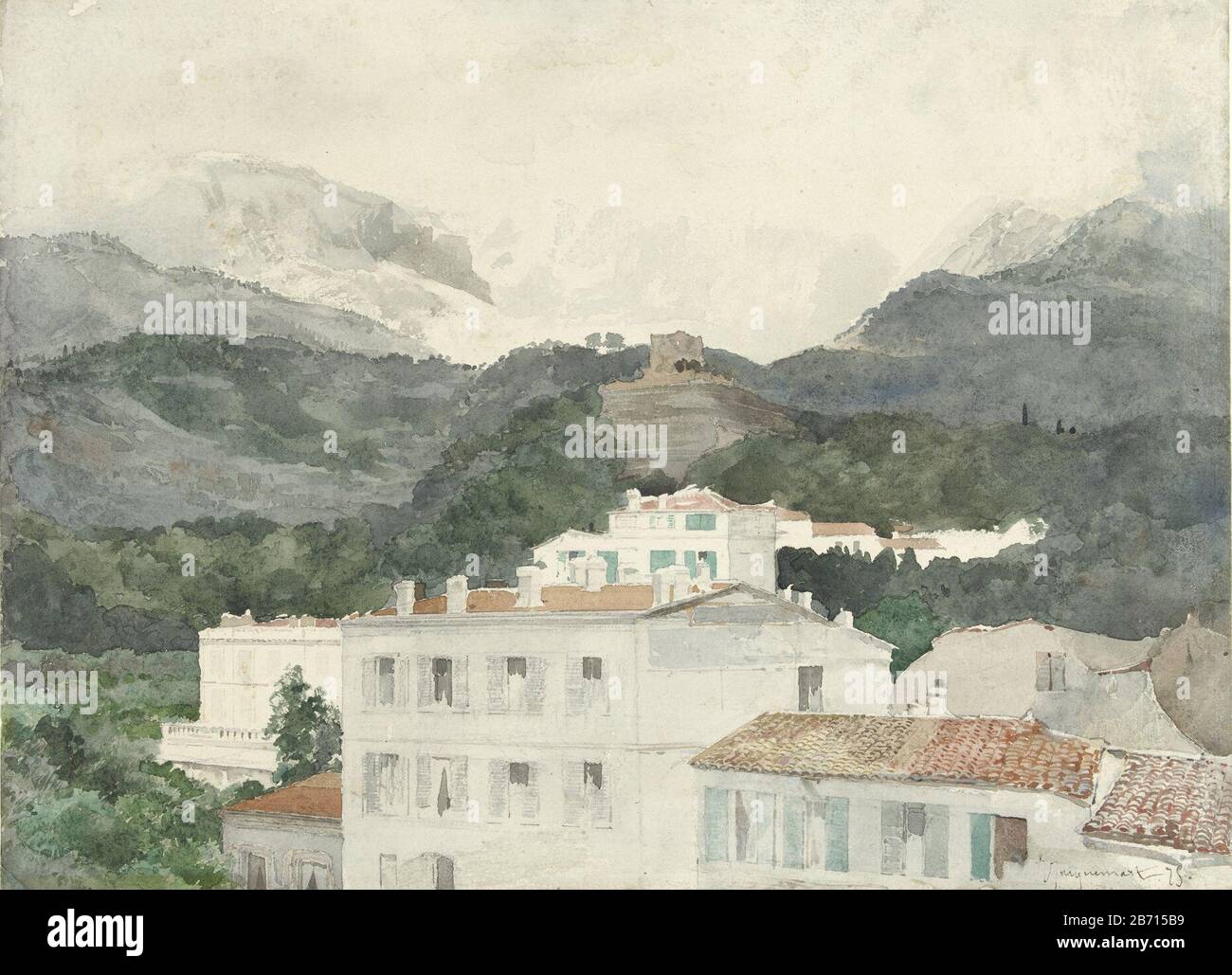 Landhuizen aan de voet van de bergen, Hooggebertte in het verschiet, La Turbie Houses at the foot of the Mountains, Mountains in the distance, La Turbie Object Type: Drawing Object Number: RP-T-1957-194 Inscriptions / Brands: Inscription: "La Turbie (at Monaco) Creator: Artist: Ferdinand Jules Jacquemart Date: 1875 Physikalische Merkmale: Bleistift und schwarze Kreide, Pinsel in Aquarellmaterialien: Papier Aquarell Bleistiftkrebs-Technik: Pinselmaße: H 300 mm × W 410 mmOnderwerp Stockfoto Landhuizen aan de voet van de bergen, Hooggebertte in het verschiet, La Turbie Houses at the foot of the Mountains, Mountains in the distance, La Turbie Object Type: Drawing Object Number: RP-T-1957-194 Inscriptions / Brands: Inscription: "La Turbie (at Monaco) Creator: Artist: Ferdinand Jules Jacquemart Date: 1875 Physikalische Merkmale: Bleistift und schwarze Kreide, Pinsel in Aquarellmaterialien: Papier Aquarell Bleistiftkrebs-Technik: Pinselmaße: H 300 mm × W 410 mmOnderwerp Stockfoto