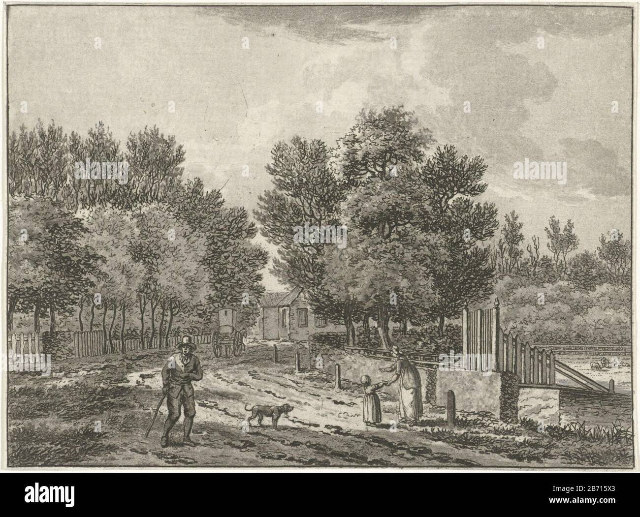 Landschap bij Overveen traf enkele wandelaars EINE Landschaft Overveen mit einigen Wanderern auf einem Weg. Im Hintergrund ein Hersteller von landwirtschaftlichen Betrieben: Druckerhersteller Jan Evert Grave Place Manufacturing: Amsterdam Datum: 1760-1805 Physikalische Merkmale: Ätzung und Aquatinta Material: Papiertechnik: Ätzung / Aquatinta Abmessungen: Blatt: B 147 mm x H 108 mm Betreff: Öffentliche Straße (+ Stadt (-scape) mit Figuren, Mitarbeiter) Mutter und Baby oder kleines Kind wo: Overveen Stockfoto