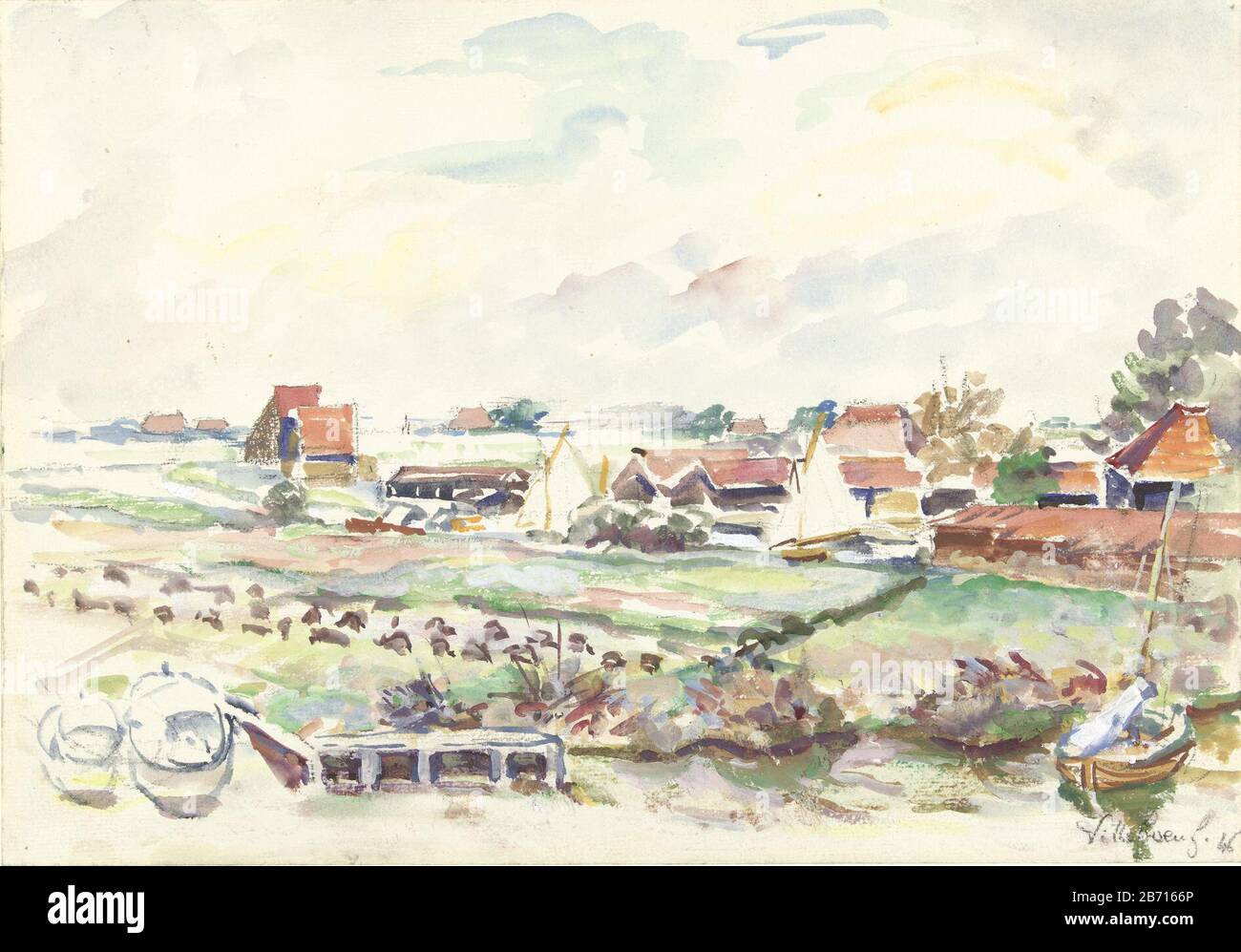 Landschap in Friesland Landschaft in Friesland Objekttyp: Zeichnung Objektnummer: RP-T-1965-187 Hersteller: Zeichner: Villeboeuf Datum: 1846 Physikalische Eigenschaften: Pinsel in Aquarell und Dekverf Material: Farbe für die Papierverarbeitung Aquarell Technik: Pinselmaße: H 230 mm × W 330 mmOnderwerp Stockfoto