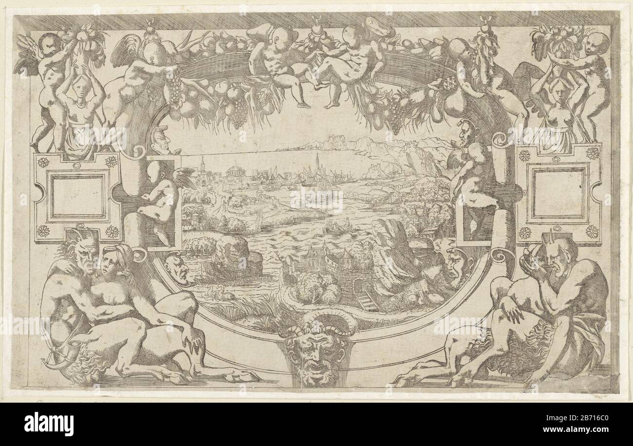 Landschap in ornamentale Omelierung einer Darstellung einer Flusslandschaft in einem ornamentalen Rahmen mit Putten und Girlanden von Obst. Links unten und rechts sind die männlichen Satyrsarme im Arm mit der weiblichen Satyr-Herstellerfirma: Druckerhersteller Antonio Fantuzzi (zugeordnet zu) Herstellung: Fontainebleau Datum: 1537 - 1550 Physikalische Merkmale: Ätzmaterial: Papiertechnik: Ätzmaße: Blatt: H 250 mm (Innere Schnittkante) × W 405 mm (Innere Schnittkante) Toelichtingvan der Pavillon Pomona Thema: Landschaften mit Wasser, Wasserkapern, Gewürzkapern (in der gemäßigten Zone)  Zierkartusche Stockfoto