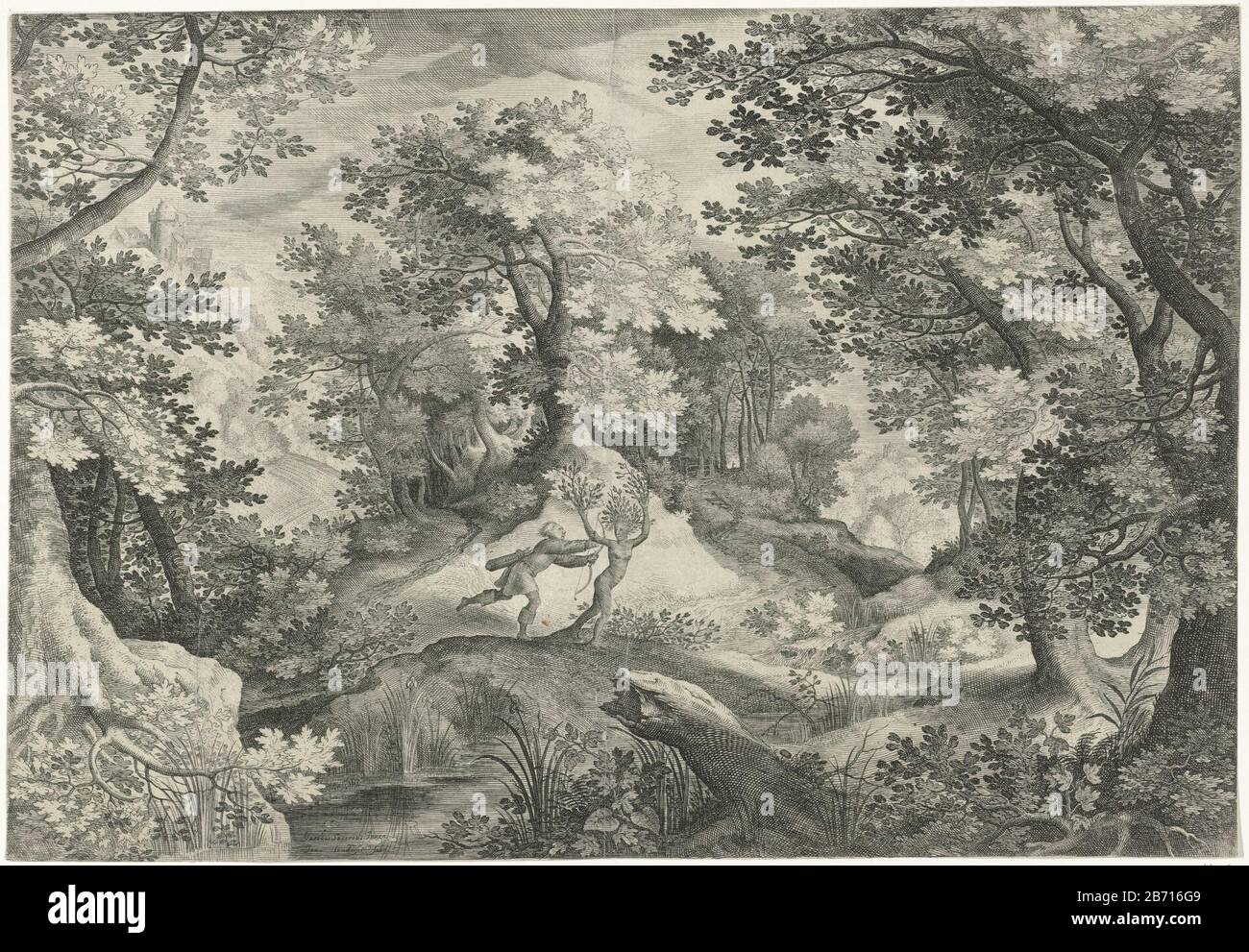Landschap traf Apollo en Daphne In einer bewaldeten Landschaft Apollo jagt, nachdem er von einem Pfeil von Cupid, der Nymphe Daphne, getroffen wurde. Dieser ruft ihren Vater um Hilfe und verwandelt sich sofort in einen Laurierboom. Hersteller : Druckerei-Hersteller Jan van Londerseel (denkmalgeschütztes Gebäude), entworfen von Jacob Savery (I) (denkmalgeschütztes Gebäude) Von: 1580 - 1625 Physikalische Merkmale: Fahrzeugmaterial: Papiertechnik: Engra (Druckverfahren) Abmessungen: Blatt: H 284 mm × W 413 mm Betreff: Daphne in Lorbeerbaum geändert: Während der Flucht vor Apollo wurde Daphne von ihrem Vater Peneus (Ovid, Metamorphosen I. Stockfoto
