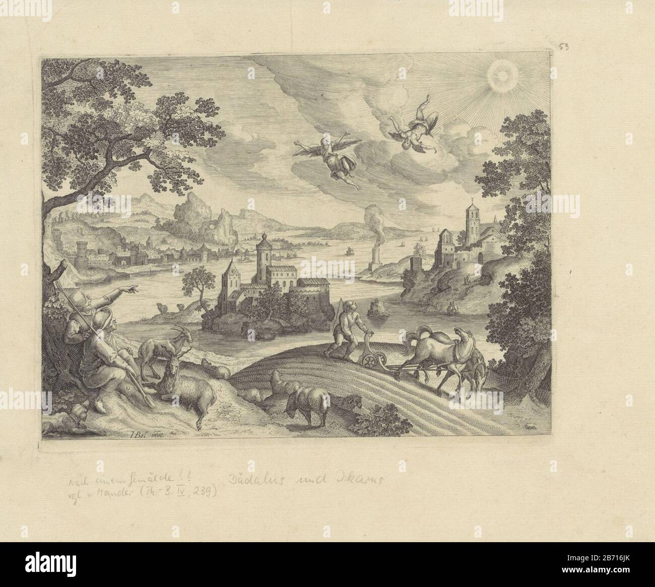 Landschap traf Daedalus en Icarus Landschappen traf auf verhalen uit Ovidius' Metamorphosen (Serietitel) Icarus, weil seine Flügel von der Sonne schmolzen. Neben ihm fliegt sein Vater Daedalus, der verzweifelt zuschaut. Vorne zeigen zwei Pastoren je nach Szene. Denn sie weiden ihre Herden. Später pflügt ein Bauer sein Feld. Im Hintergrund eine Flusslandschaft mit zugeschnittenen Ufern und eine Burg auf einer Insel inmitten des Riviers. Hersteller: Druckmaschine: Anonymer Entwurf von Hans Bol (denkmalgeschützter Bauverlage) Verlag: Aegidius Sadeler (möglich) Herstellung: Druckmaschine: Niederlande An Stockfoto