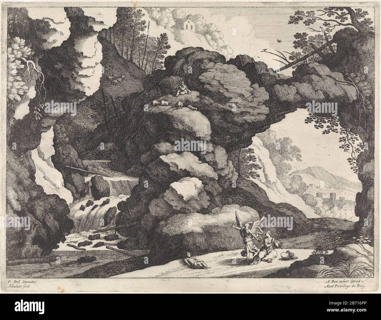 Hagar ist verzweifelt auf dem Boden mit der leeren Kanne neben ihm. Neben ihr liegt ihr Sohn Ishmael. Ein Engel rettet Hagar, dass sie auf den Wasserfall zeigt. Über dem Bogenfelsen sitzt ein Hirte mit seinen Schafen. Drucken Sie eine Reihe italienischer Landschippe aus. Hersteller : Druckereihersteller Willem van Nieulandt (II) (denkmalgeschütztes Gebäude), entworfen von Paul Bril (denkmalgeschütztes Gebäude) Herausgeber: Antoine Bonenfant (denkmalgeschütztes Eigentum) Anbieter von Privilegien unbekannt (denkmalgeschütztes Objekt) Ort Herstellung: Antwerpen Datum: 1594 - 1635 Physische Merkmale: Radierung und Engras; Proofing Material: Papiertechnik: Radierung / Engraa (Druckverfahren Stockfoto