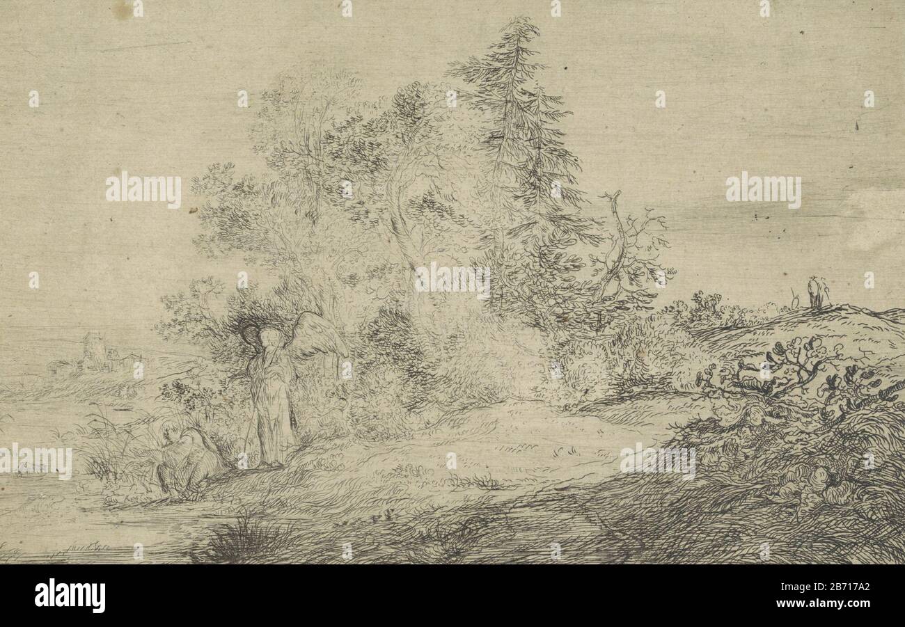 Landschap traf Tobias en de engel bij de rivier de Tigris Tobias sitzt auf dem Tigris-Fluss, wäscht seine Füße, wenn ein Fisch schwamm. Der Engel Raphael zeigt ihm hinter sich, dass er keine Angst vor dem Befehl und dem Fischfang hat. Mitten im Landschaftsbomben. Hersteller: Druckmaschine: Anonymer Ort Herstellung: Niederlande Datum: 1600 - 1700 Physikalische Merkmale: Ätzmaterial: Papiertechnik: Ätzmaße: Blatt: H 139 mm × W 223 mm Thema Tobias wäscht seine Füße im Fluss Tigrisa ein großer Fisch Erscheint, während Tobias seine Füße wäscht; er ist erschreckt Stockfoto
