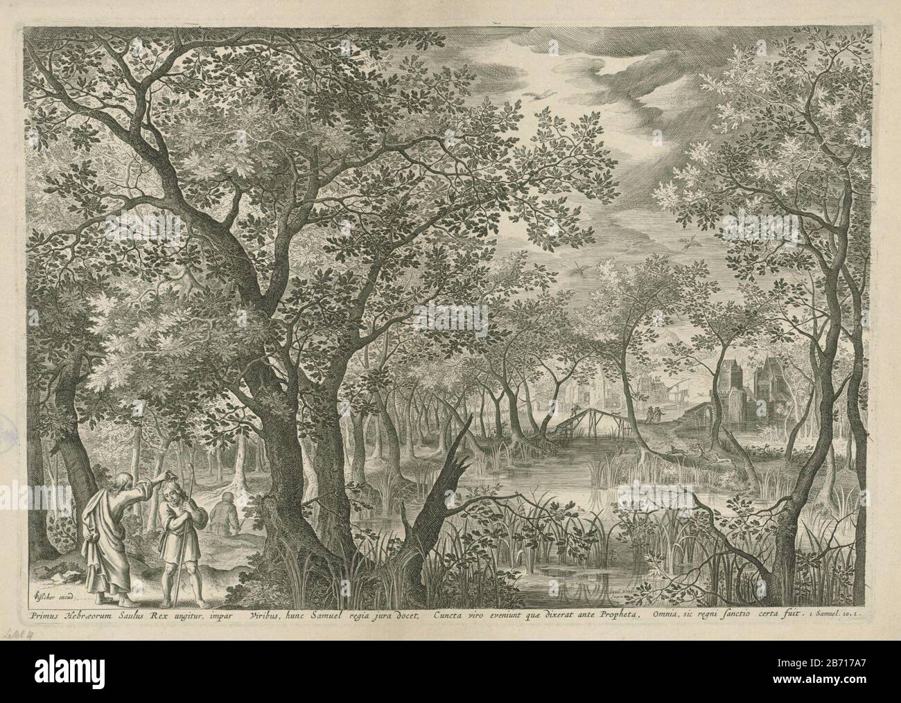 Feuchtgebiete, Wo: In Saul von Samuel König gesalbt wird. Samuel leert einen Ölbecher über dem Kopf Sauls. Am Rand einer Bildunterschrift in lateinischer Sprache, mit Bezug auf bibel 1 Sam. 10:1. Hersteller: Der Druckerhersteller Jan van Londerseel (denkmalgeschütztes Eigentum) wurde von David Vinckboons (i) (denkmalgeschütztes Gebäude) Herausgeber Claes Jansz entworfen. Visscher (II) (unter Denkmalschutz stehendes Gebäude) Ort Herstellung: Amsterdam Datum: 1601 - 1652 Physische Merkmale: Fahrzeugmaterial: Papiertechnik: Engraa (Druckverfahren) Abmessungen: Plattenkante: H 300 mm × W 425 mm Betreff: Salbe von Saul von Samuel Landschaften mit Wasser, Wasserflächen Stockfoto