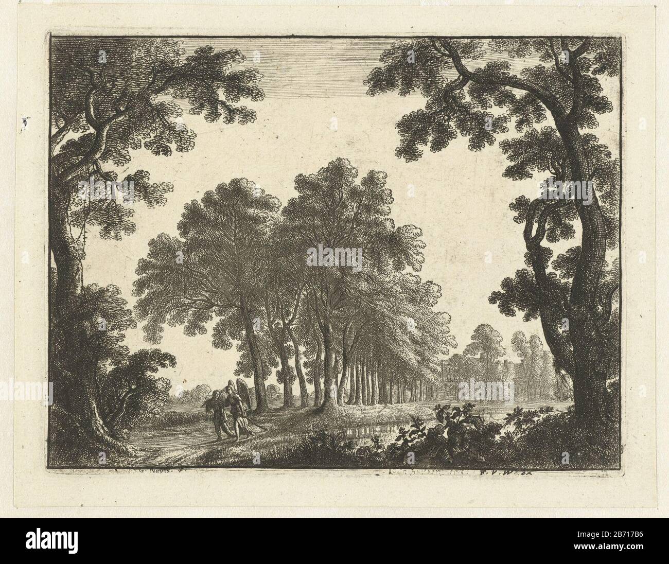 Landschap traf Tobias en de engel eine waldreiche Landschaft, In Der ein Junge (Tobias) und ein Engel auflachen. Hersteller : Druckmaschine: Gilles Neyts (denkmalgeschütztes Gebäude) Herausgeber: Frans van den Wijngaerde (Objektliste) Herstellung: Antwerpen Datum: 1643 - 1679 Physikalische Merkmale: Ätzmaterial: Papiertechnik: Ätzmaße: Plattenkante: H 127 mm × W 167 mm Betreff: Landschaften in der gemäßigten Zone Tobias und der Engel Raphael unterwegs, Begleitet von Tobias Hund Stockfoto